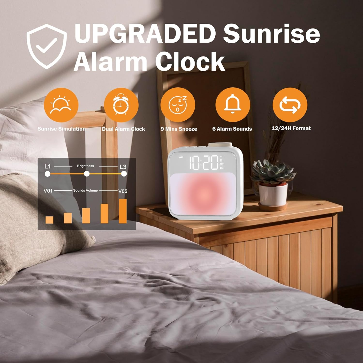 3-in-1 Sunrise Alarm Clock with Nightlight and Sound