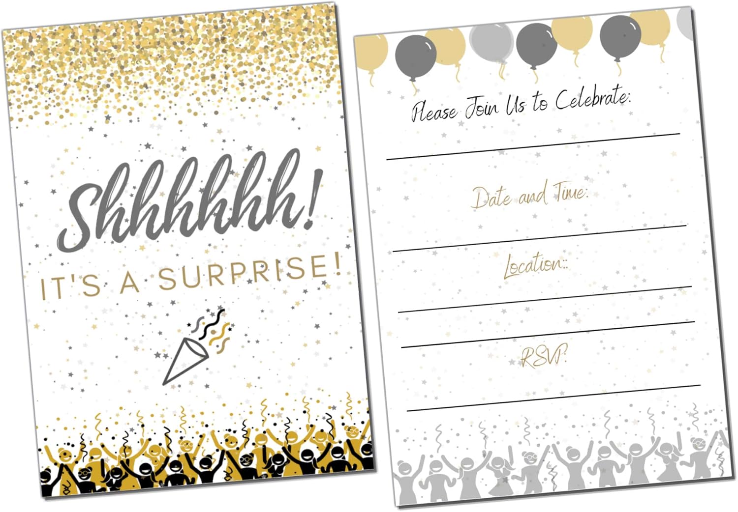 Elcer Surprise Party Invitations Black Gold 20 Count