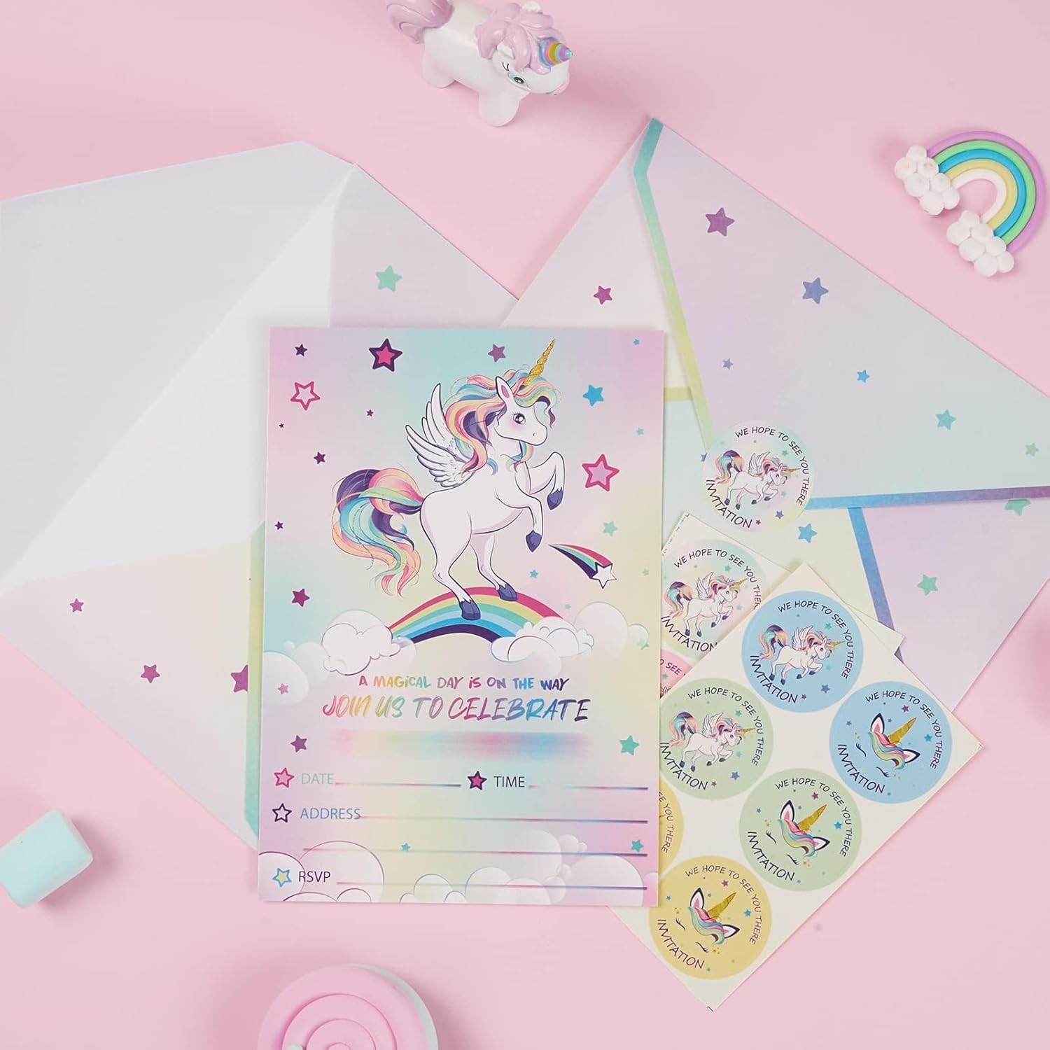 WERNNSAI 24PCS Unicorn Birthday Invites with Envelopes