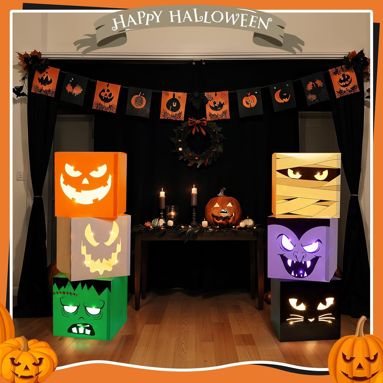 Zhanmai 6 Pcs Halloween Decorative Boxes with LED String Lights