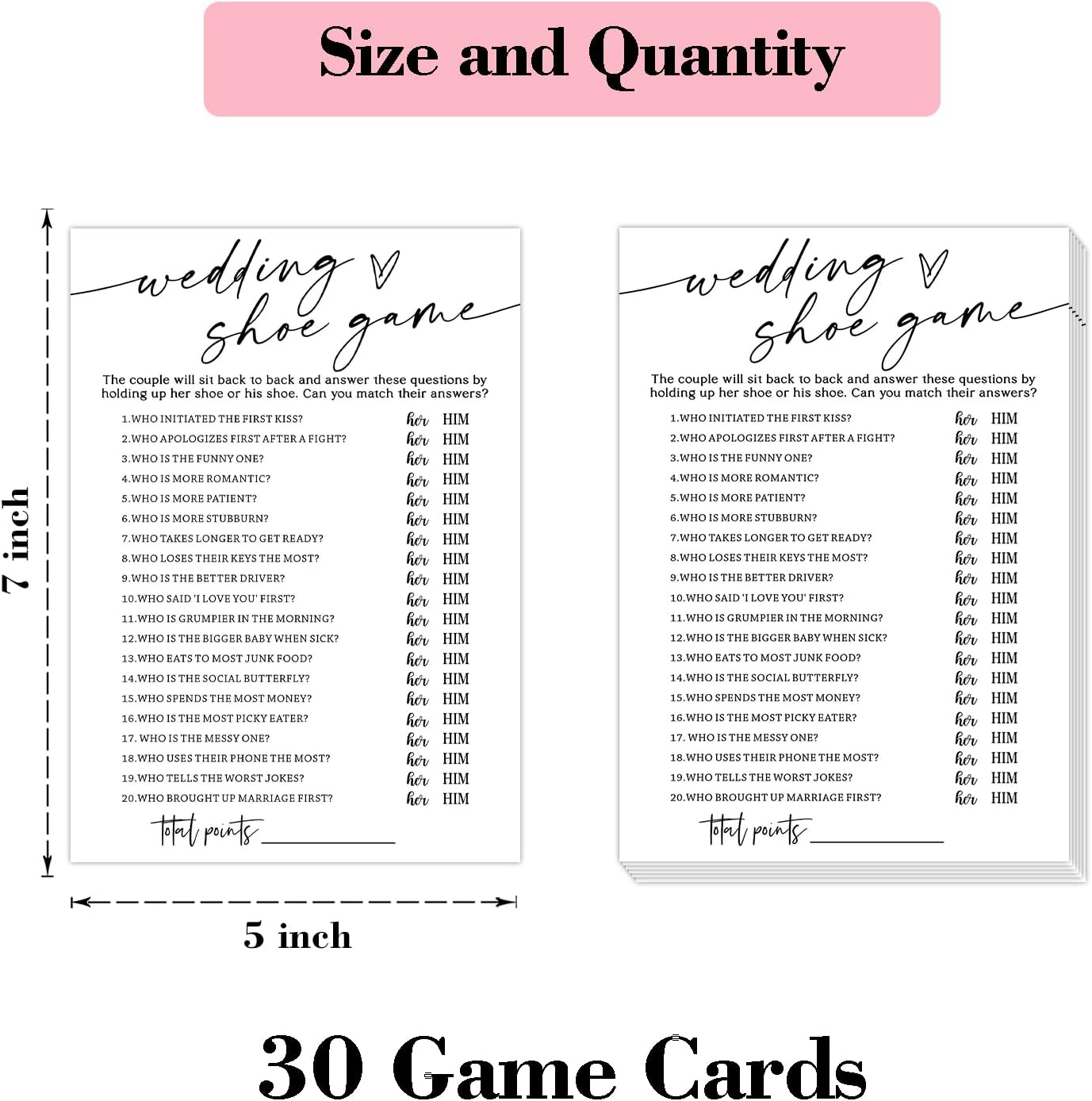 Wedding Shoe Game Cards - 30 Unique Game Cards