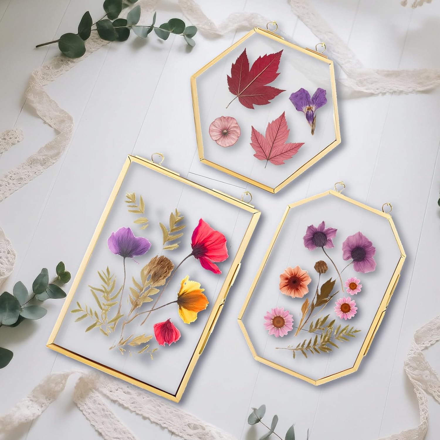 3 Pcs Pressed Flower Frame with Hanging Chain