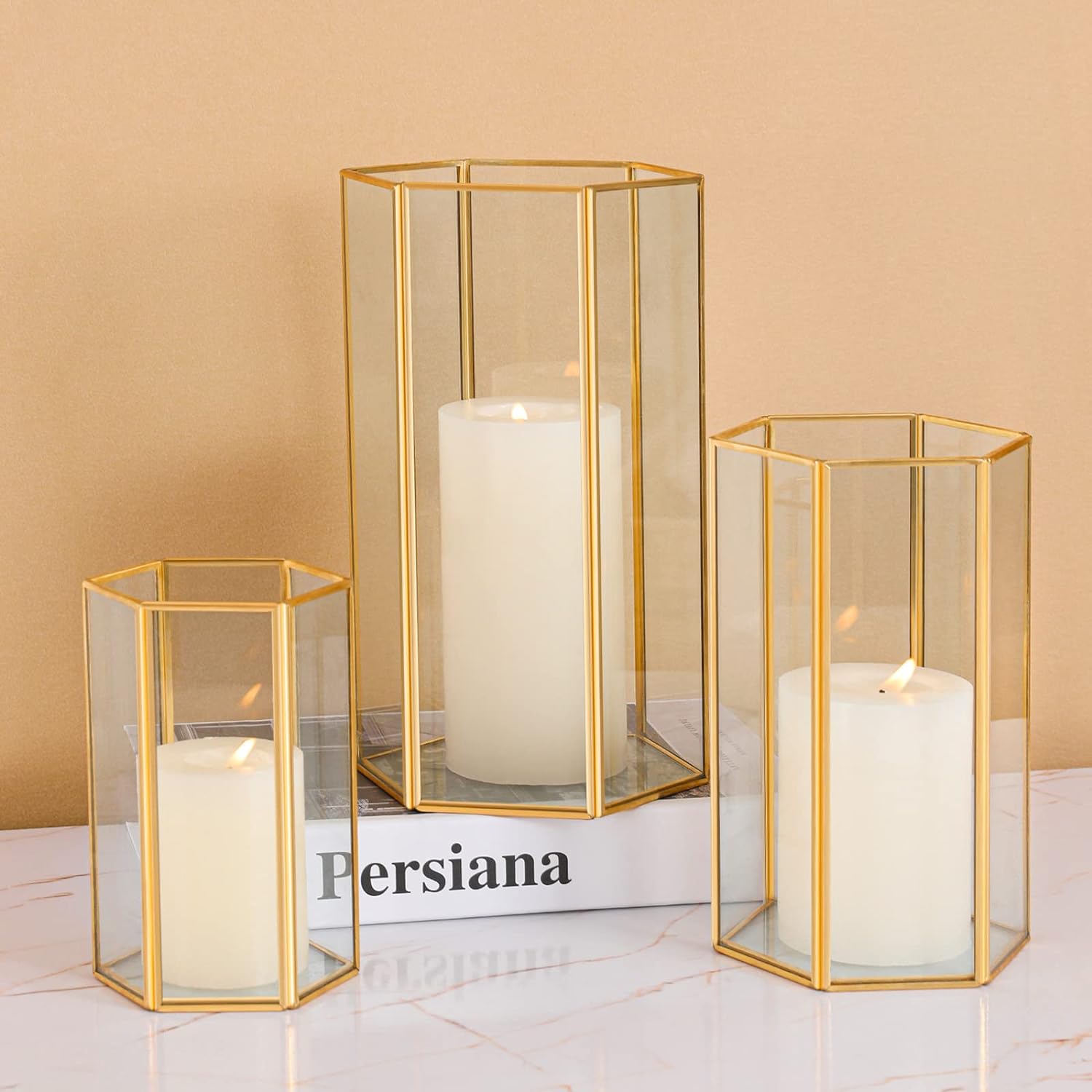 Glass Hurricane Candle Holder Set of 3 with Gold Frame