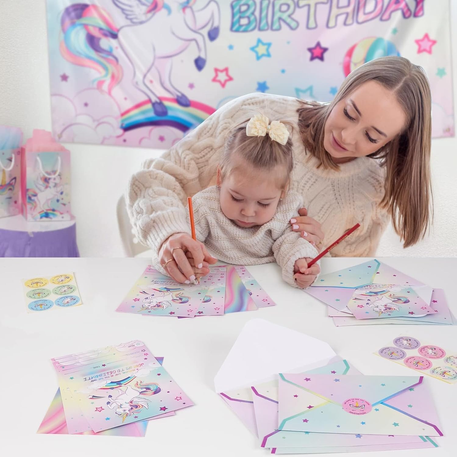 WERNNSAI 24PCS Unicorn Birthday Invites with Envelopes