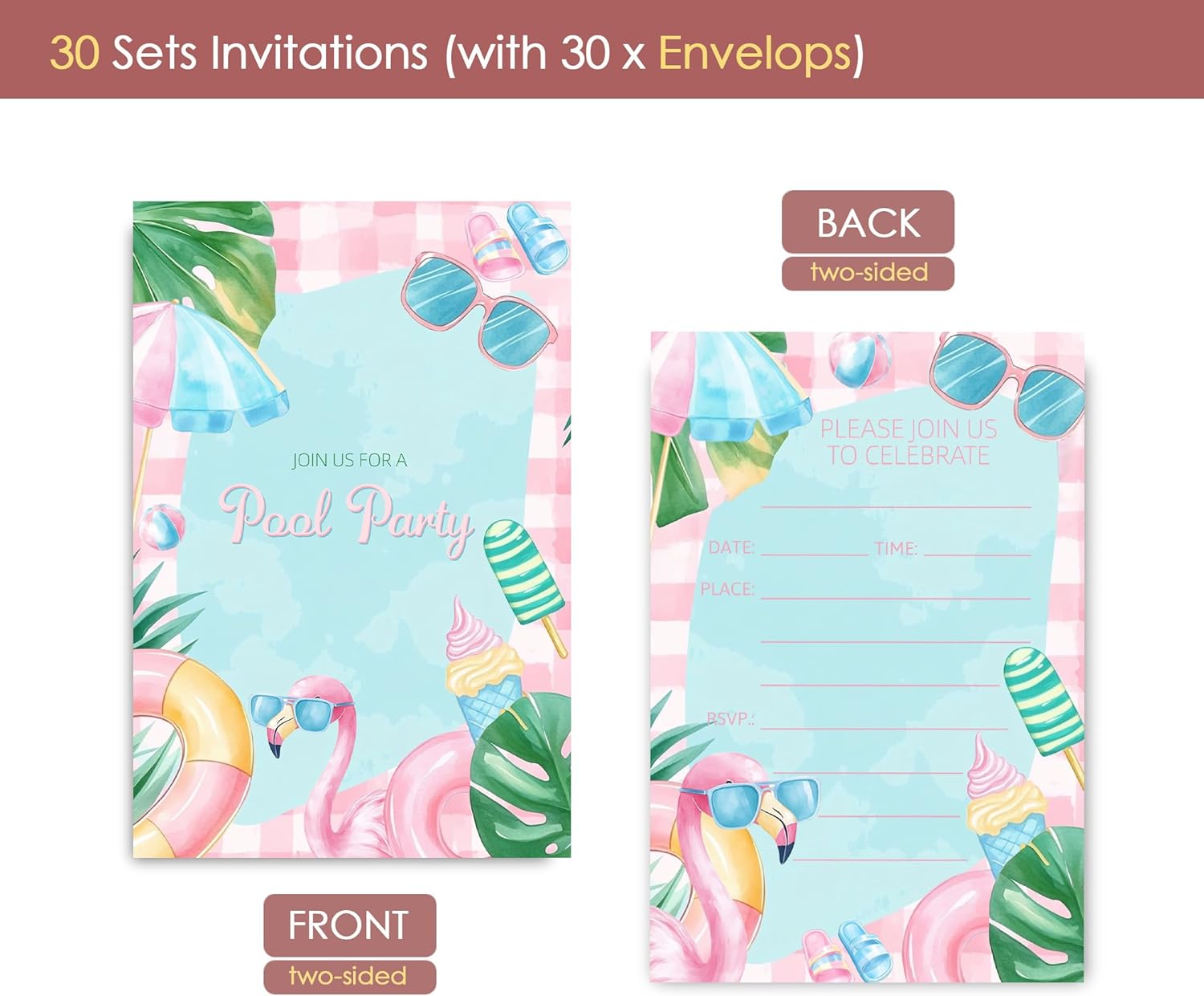 Pool Party Birthday Invitations for Girls 30 Sets