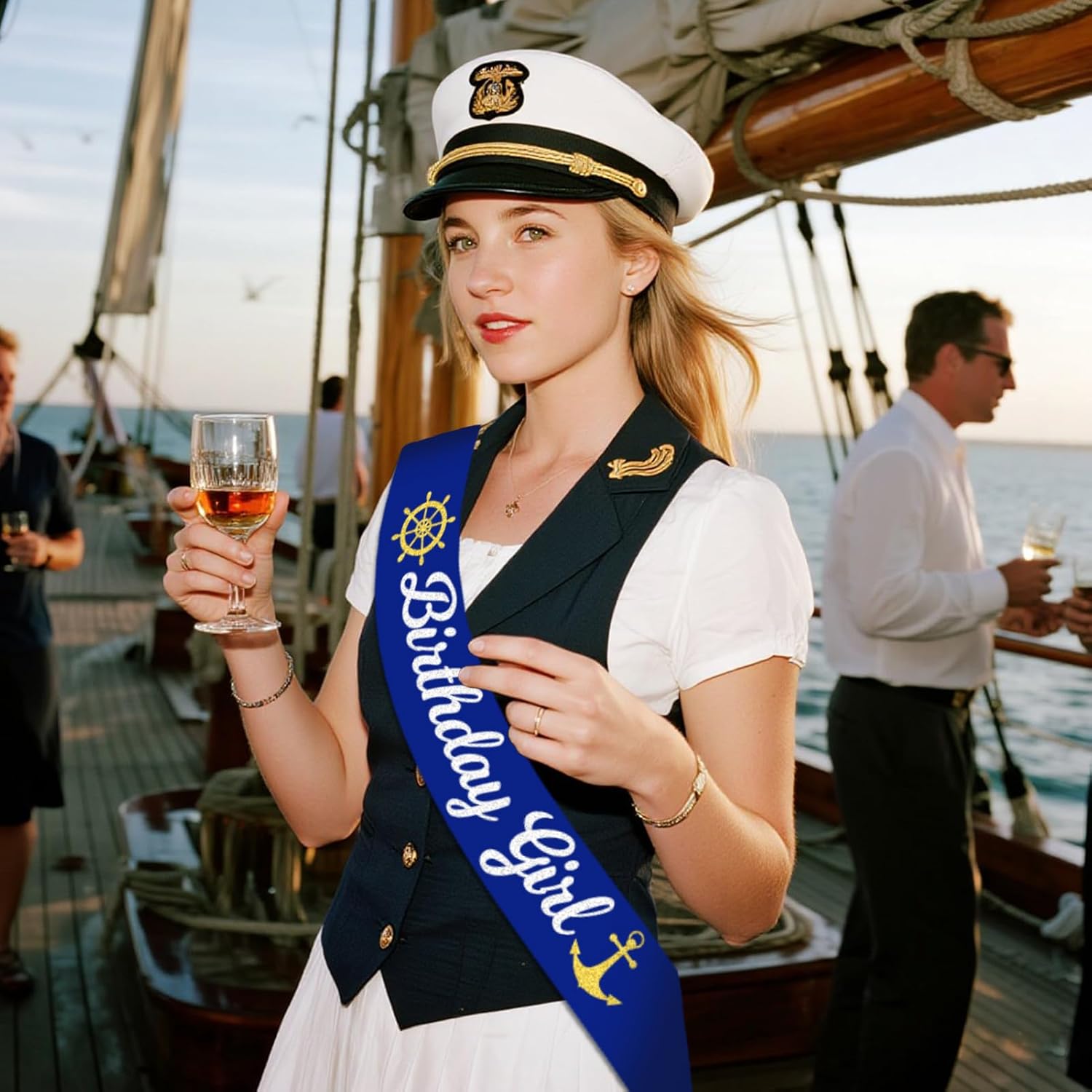 Nautical Birthday Girl Sash with Glitter Text
