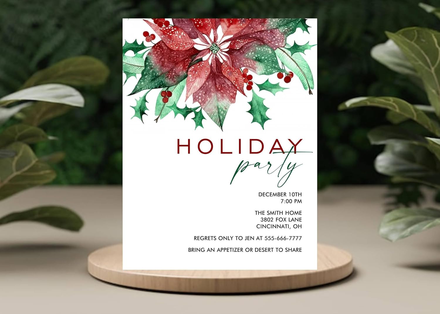 Personalized Christmas Party Invitation with Poinsettia Design