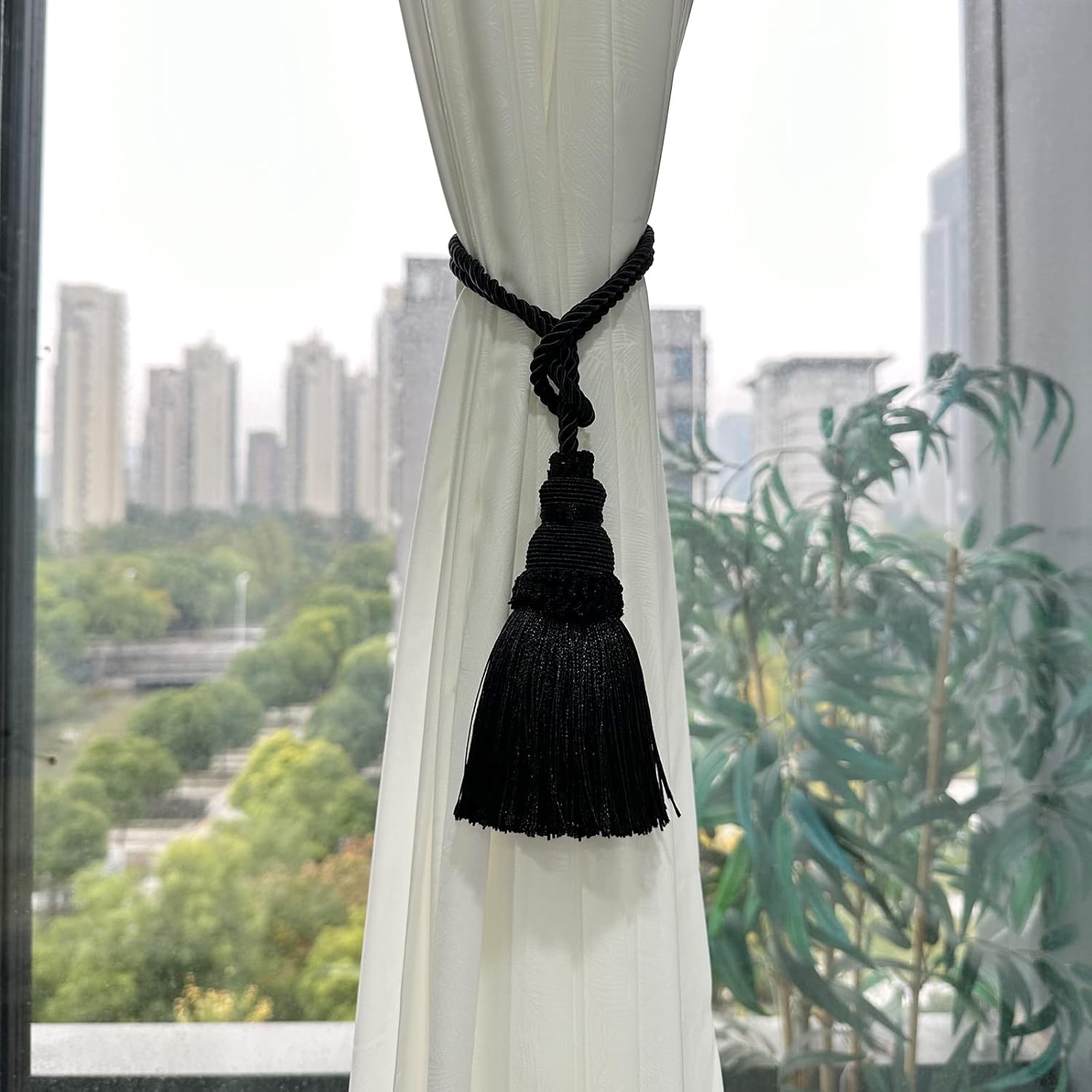 Fenghuangwu 2 Pack Curtain Tie Backs Rope Tassels Black
