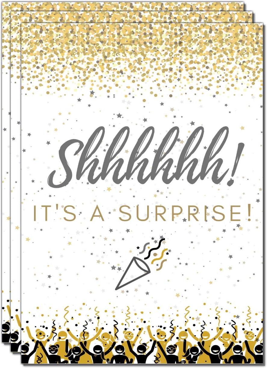 Elcer Surprise Party Invitations Black Gold 20 Count