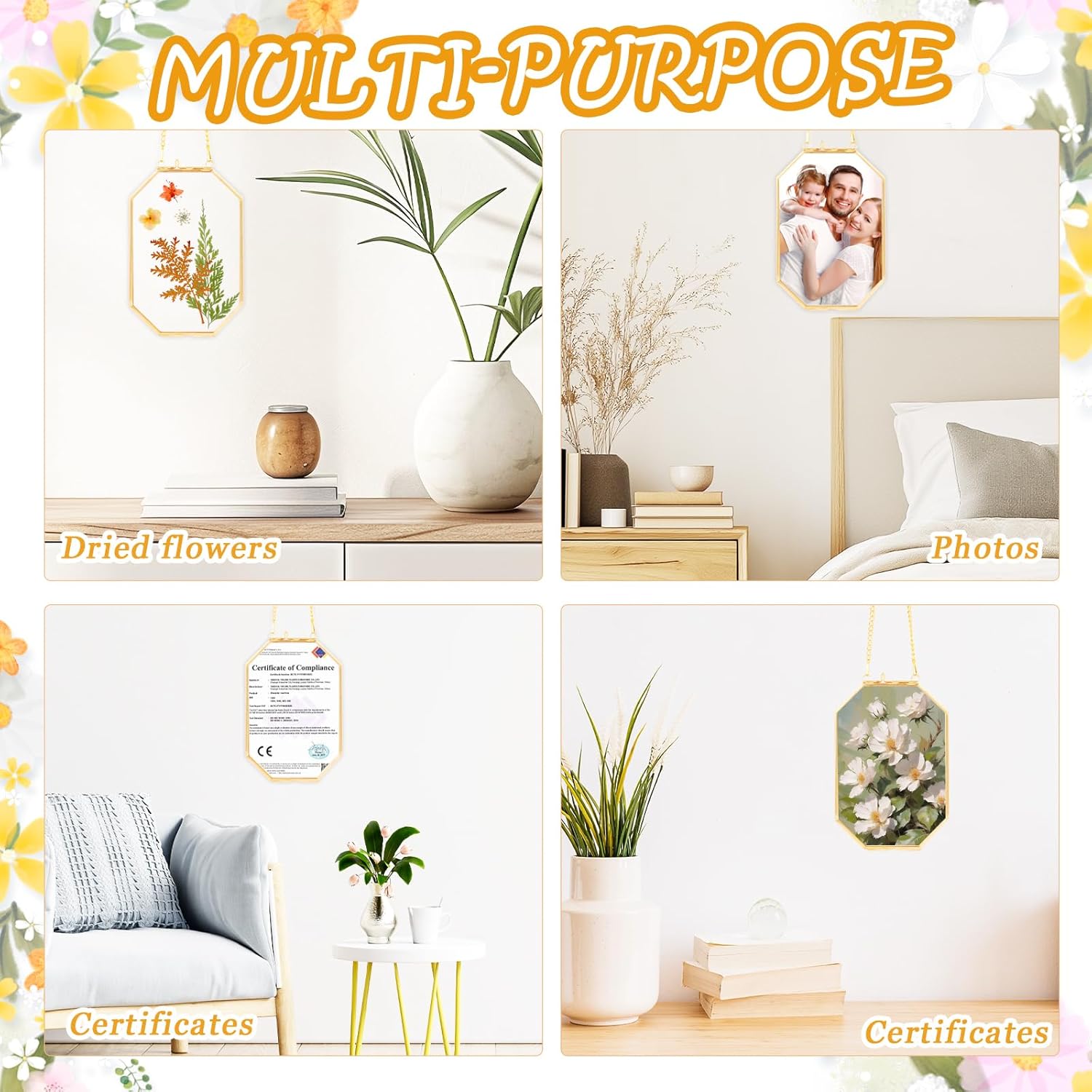 Hanging Pressed Flower Frame with Gold Brass Frame and Orange Dried Flowers