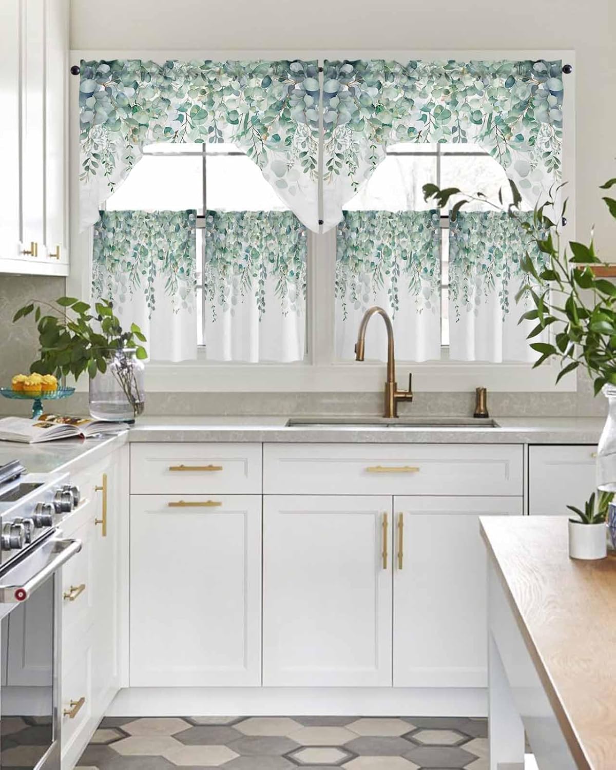 Sage Green Eucalyptus Leaf Curtain Set with Valance and Tiers