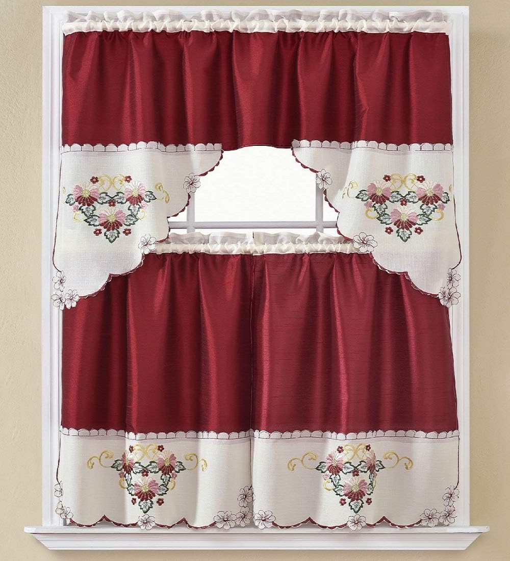 BH Home Natalia Floral Embroidered 3-Piece Kitchen Curtain Set