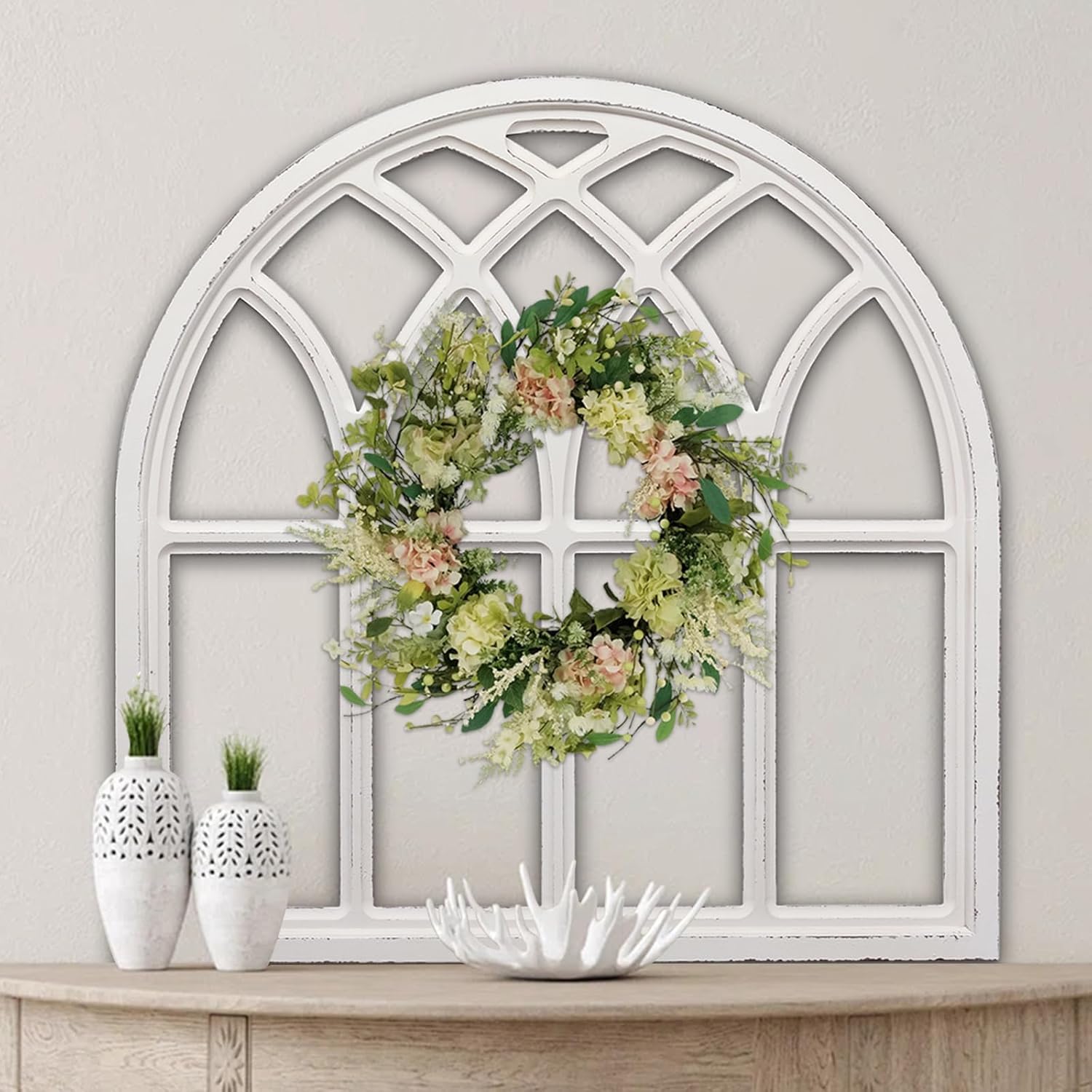 Sintosin 32 Inch White Arched Window Frame Wall Decor