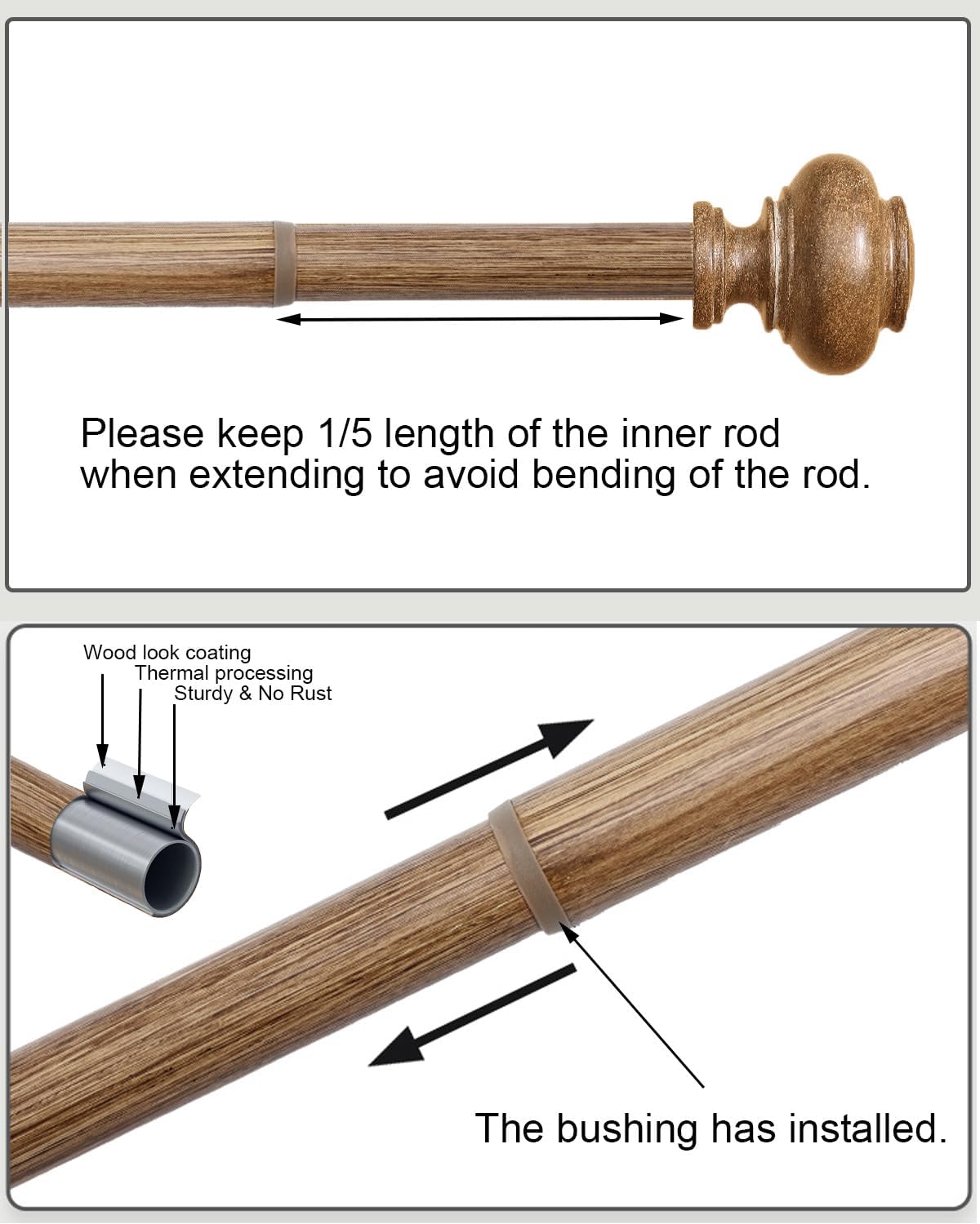 Heavy Duty Wood Look Curtain Rods 48-84 Inch