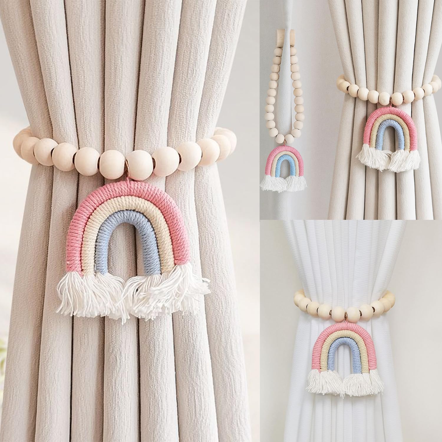 2 Pieces Wooden Beaded Curtain Tiebacks with Tassels
