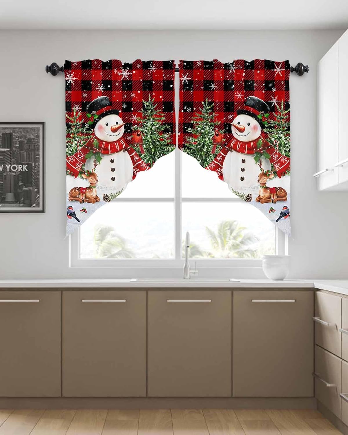 Christmas Swag Curtains Set 2 Panels 36x36 Red Black Buffalo Plaid Valance