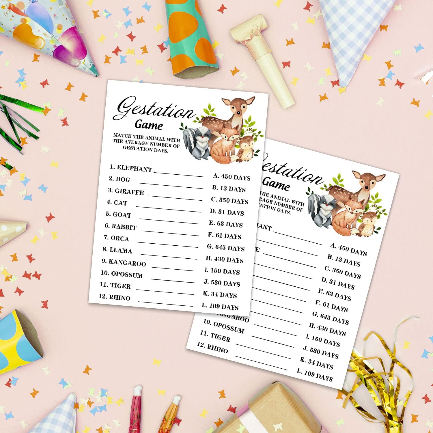 Safari Animals Gestation Game Cards for Baby Shower Party