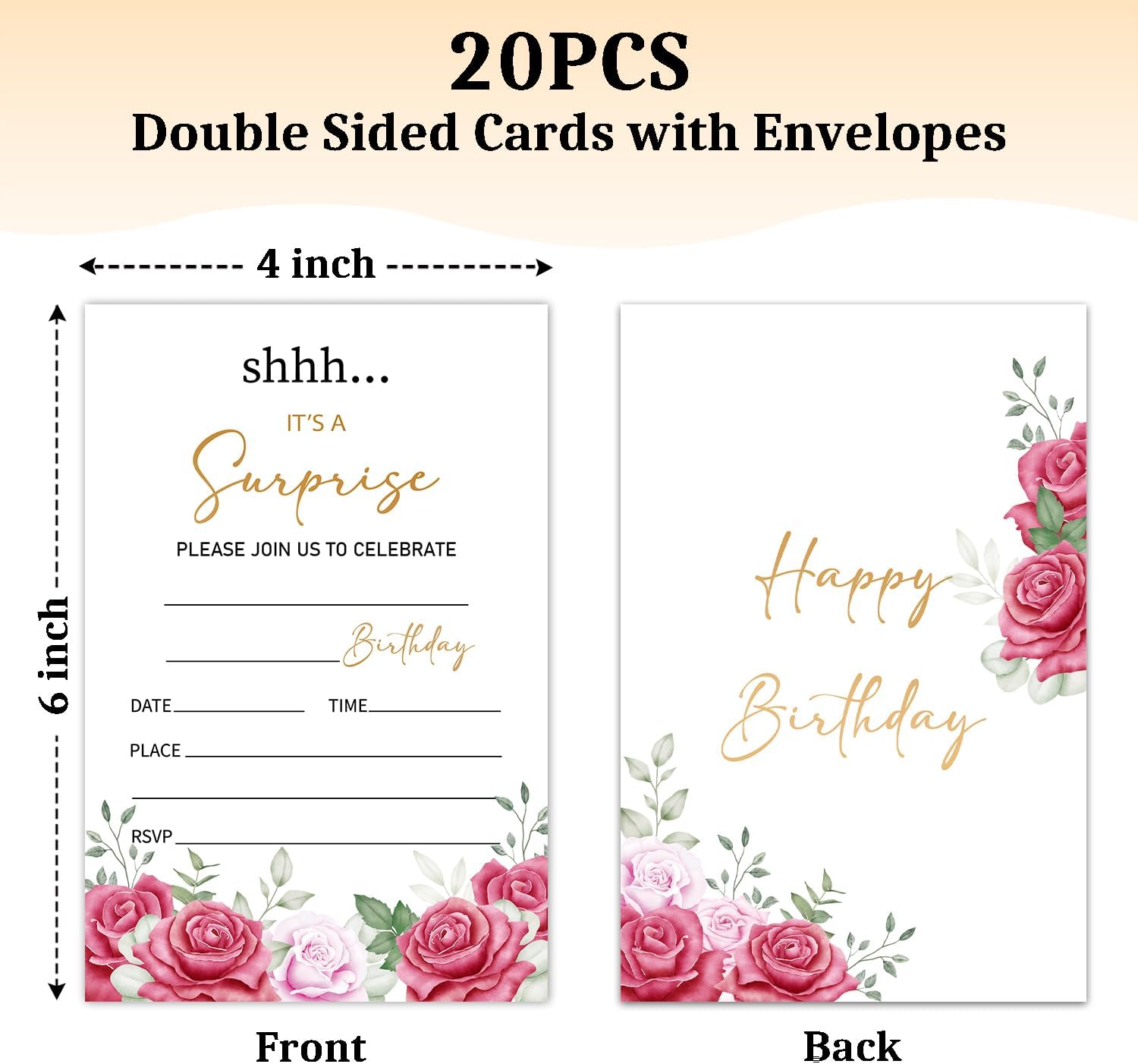 Surprise Birthday Invites with Envelopes 20 Pack