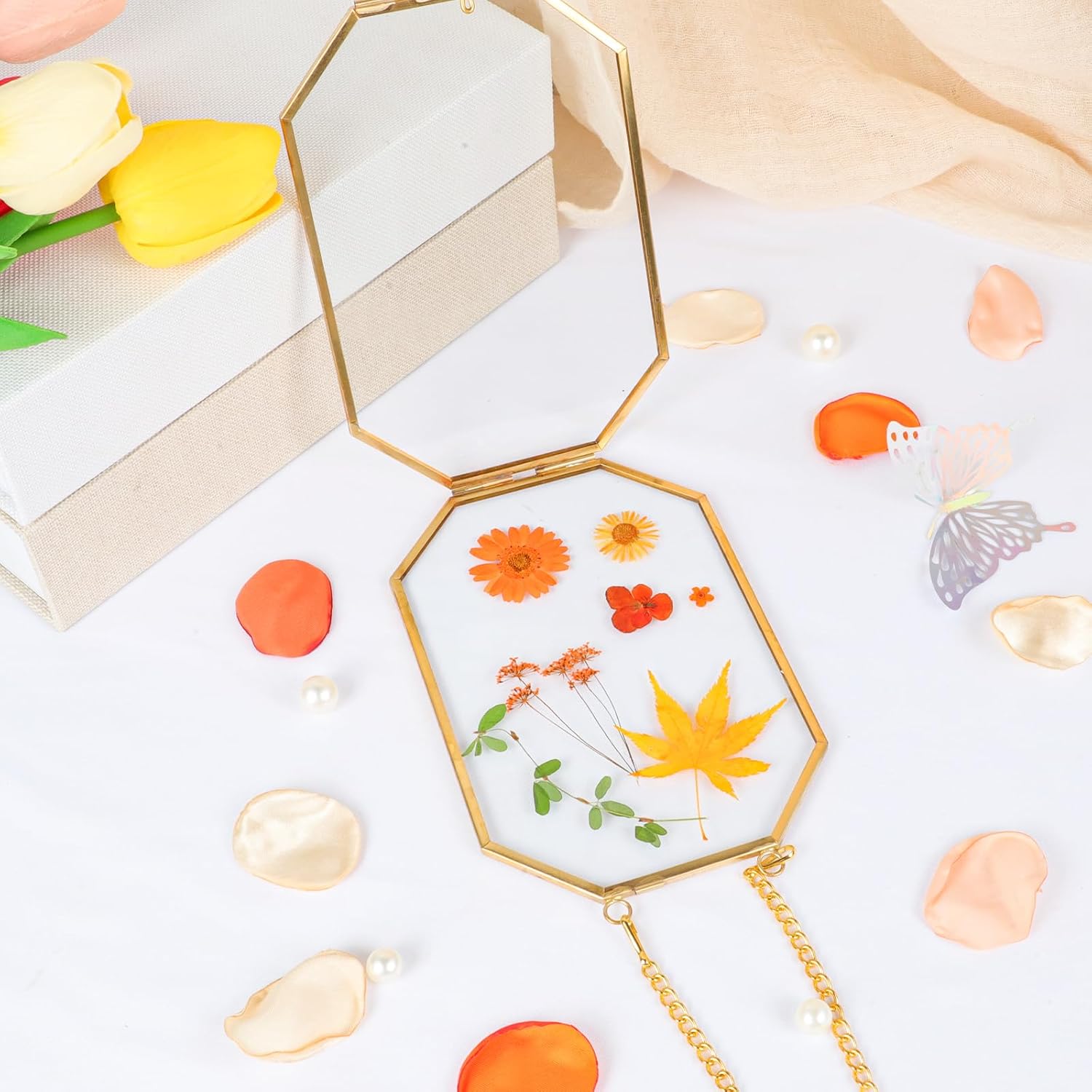Hanging Pressed Flower Frame with Gold Brass Frame and Orange Dried Flowers