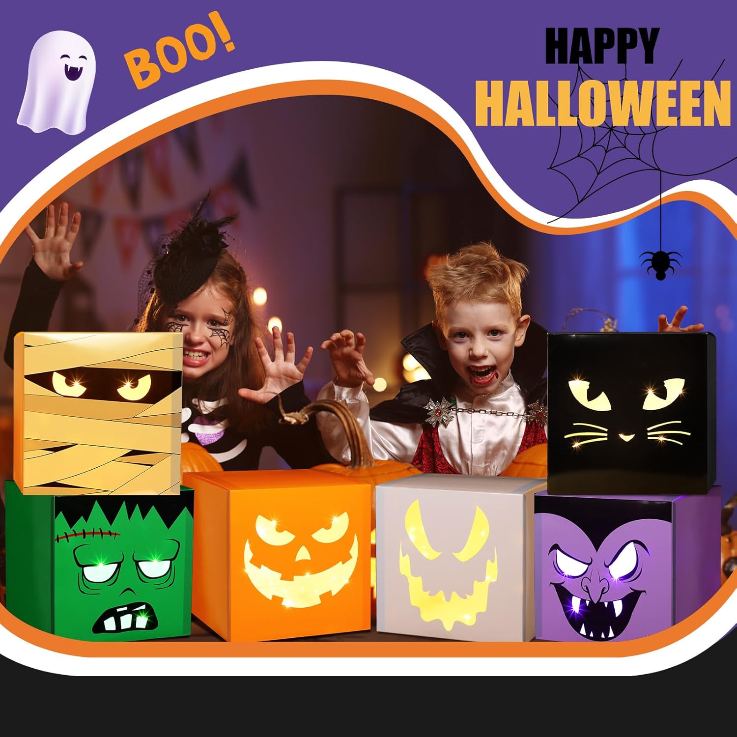 Zhanmai 6 Pcs Halloween Decorative Boxes with LED String Lights