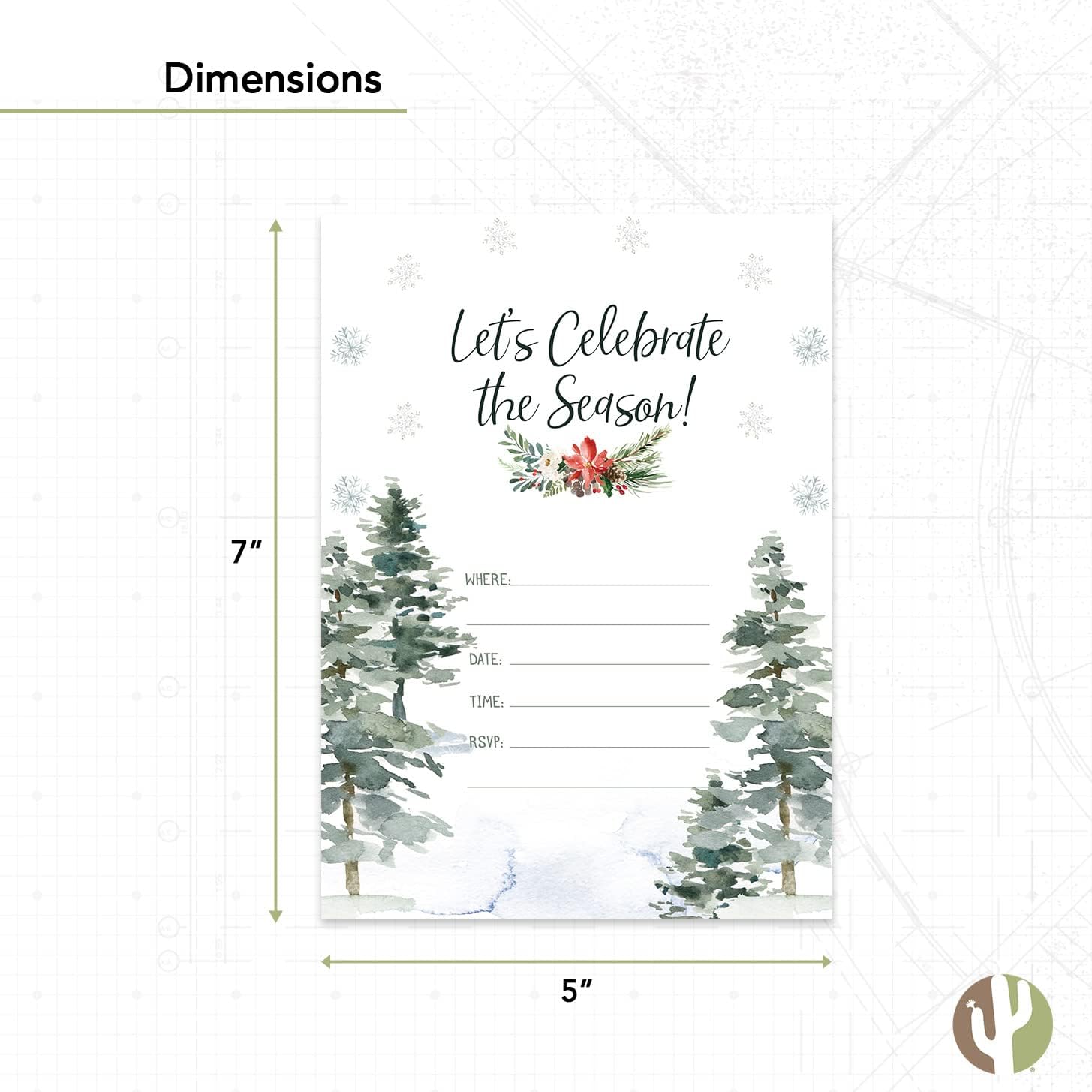 Desert Cactus Christmas Invitations with Envelopes 25 Count Design C