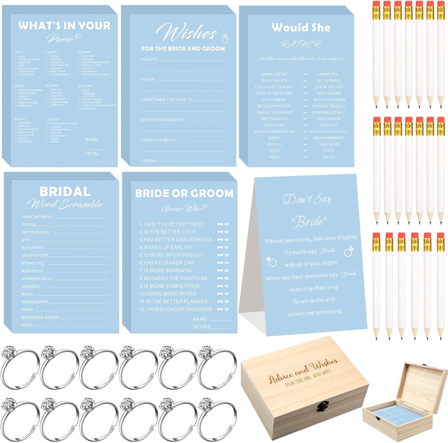 Light Blue Bridal Shower Game Set for 50 Guests