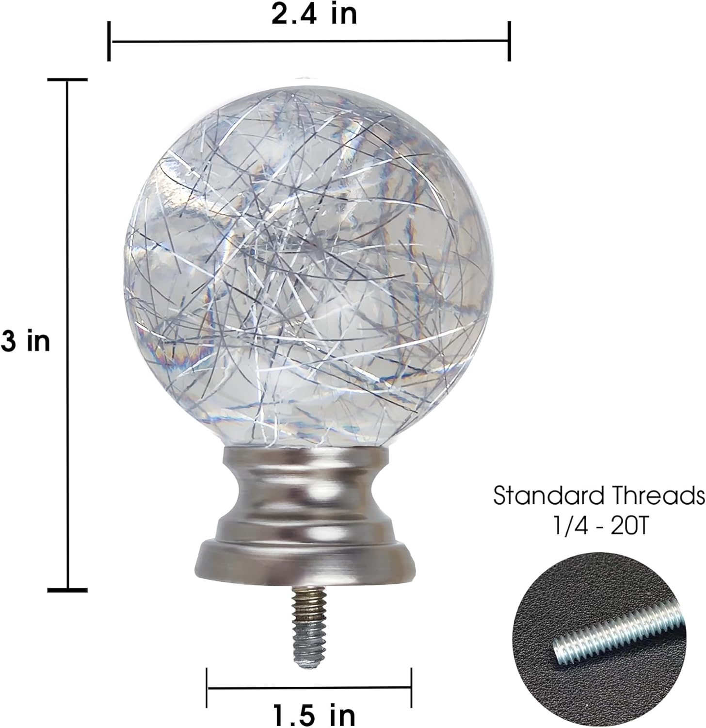 Decorative Curtain Rod Finials Set of 2 Silver Clear