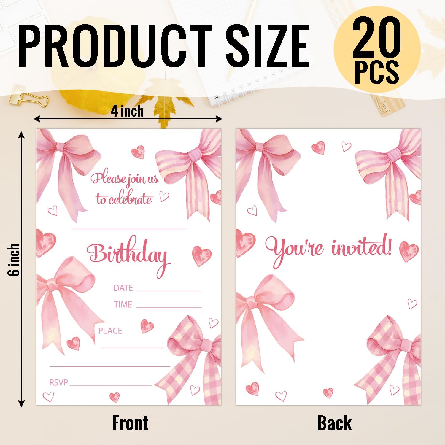 20 Pack Pink Birthday Invitations with Envelopes for All Ages