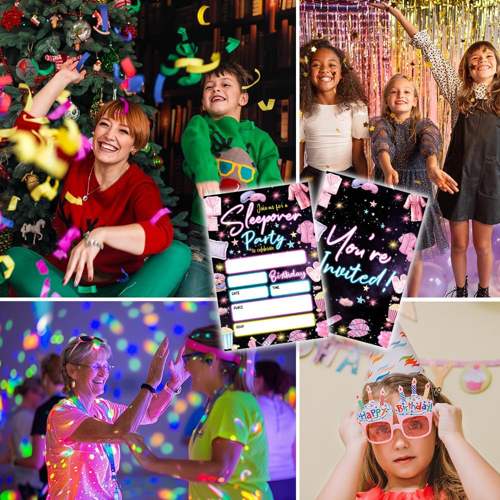 Neon Themed Sleepover Party Invitations with Envelopes