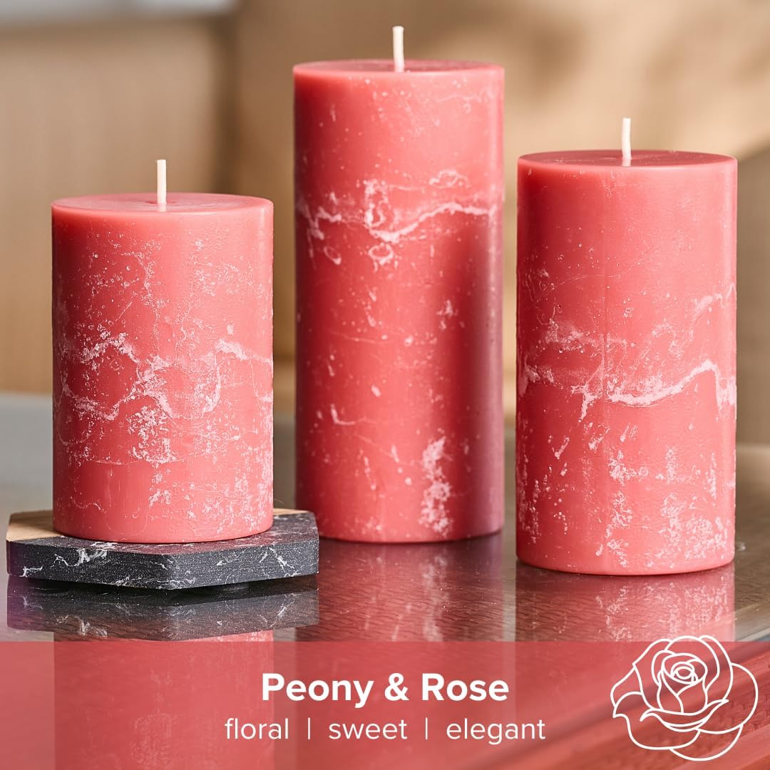 Simply Soson 3x6 Inch Pink Rustic Peony and Rose Pillar Candle - 3 Pack