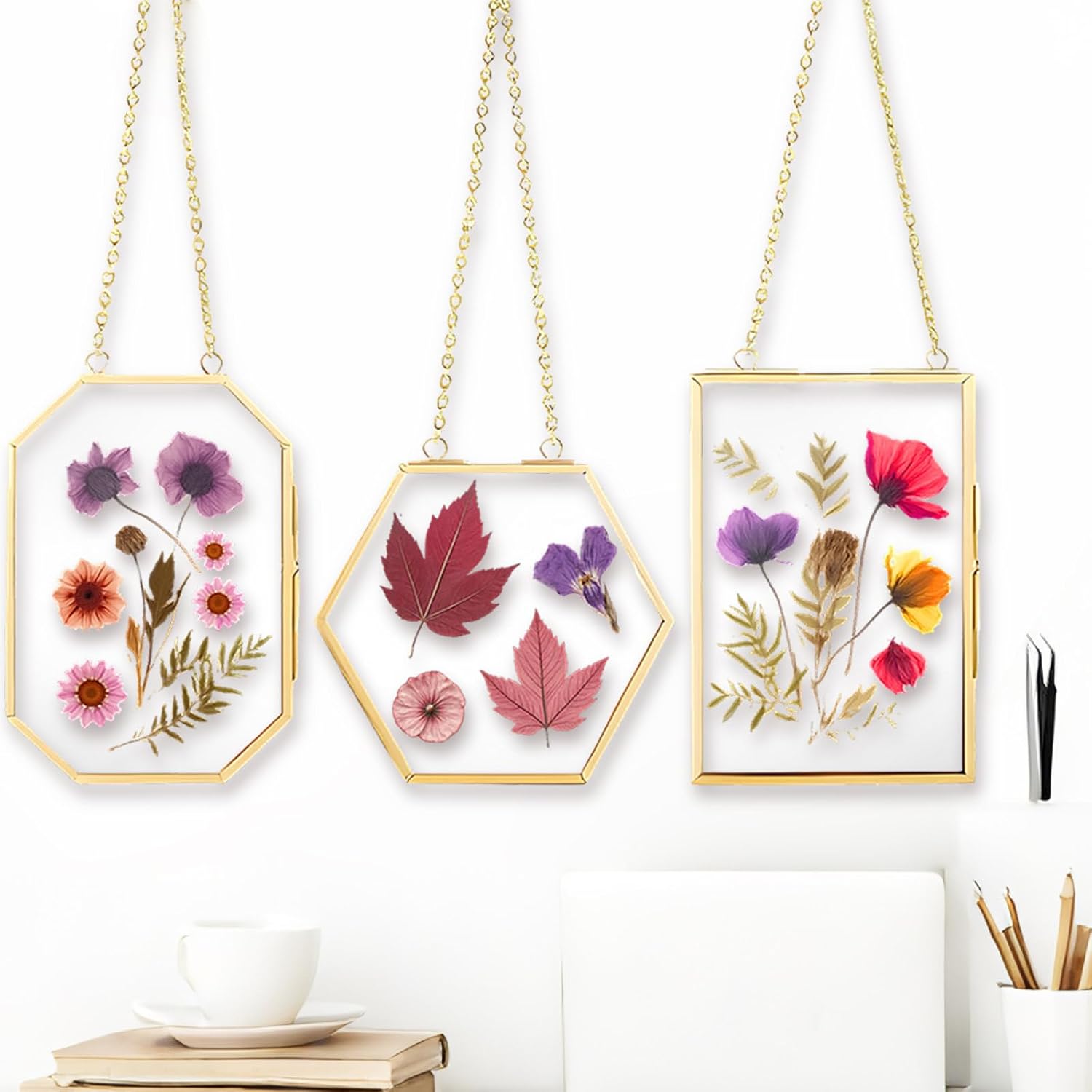 3 Pcs Pressed Flower Frame with Hanging Chain