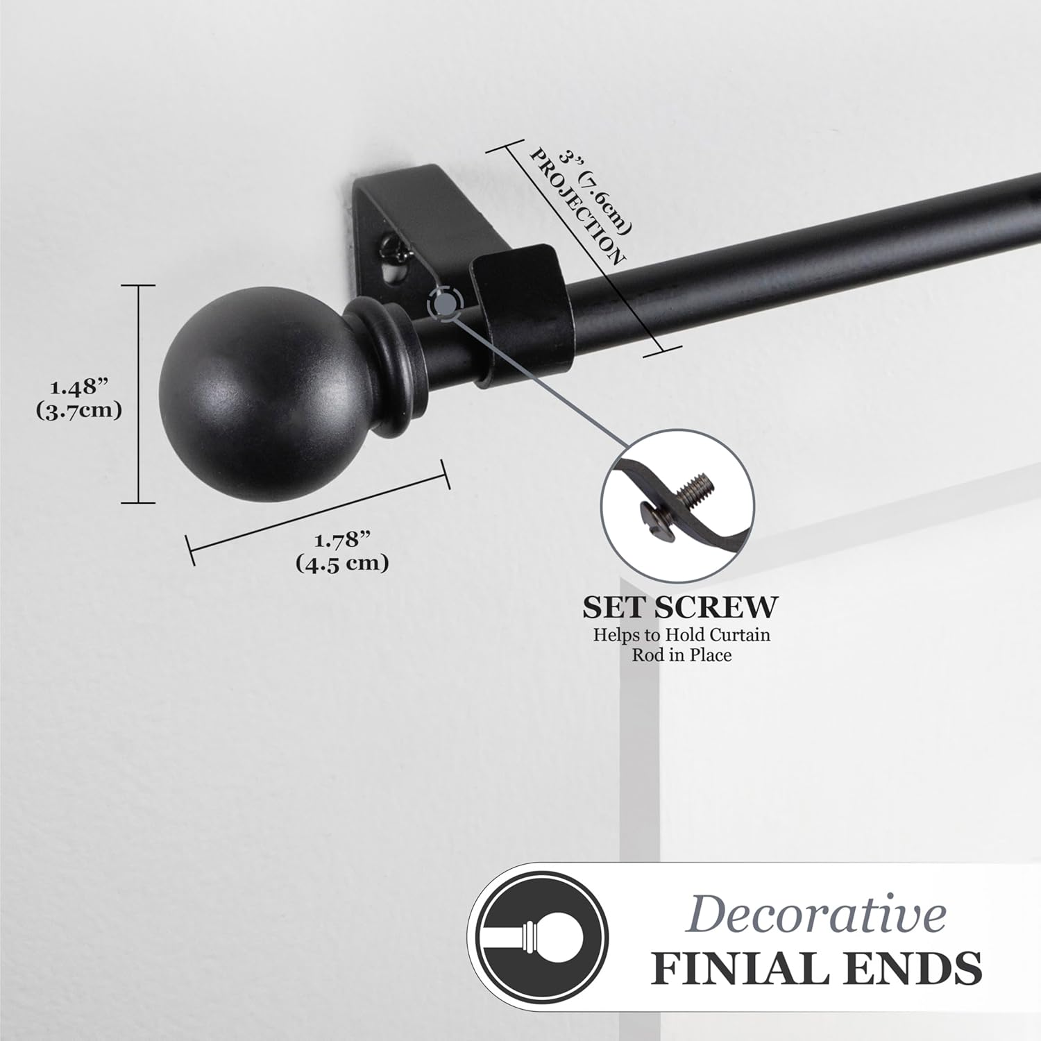Kenney Chelsea Ball End Window Curtain Rod Black 48-86 Inch Adjustable