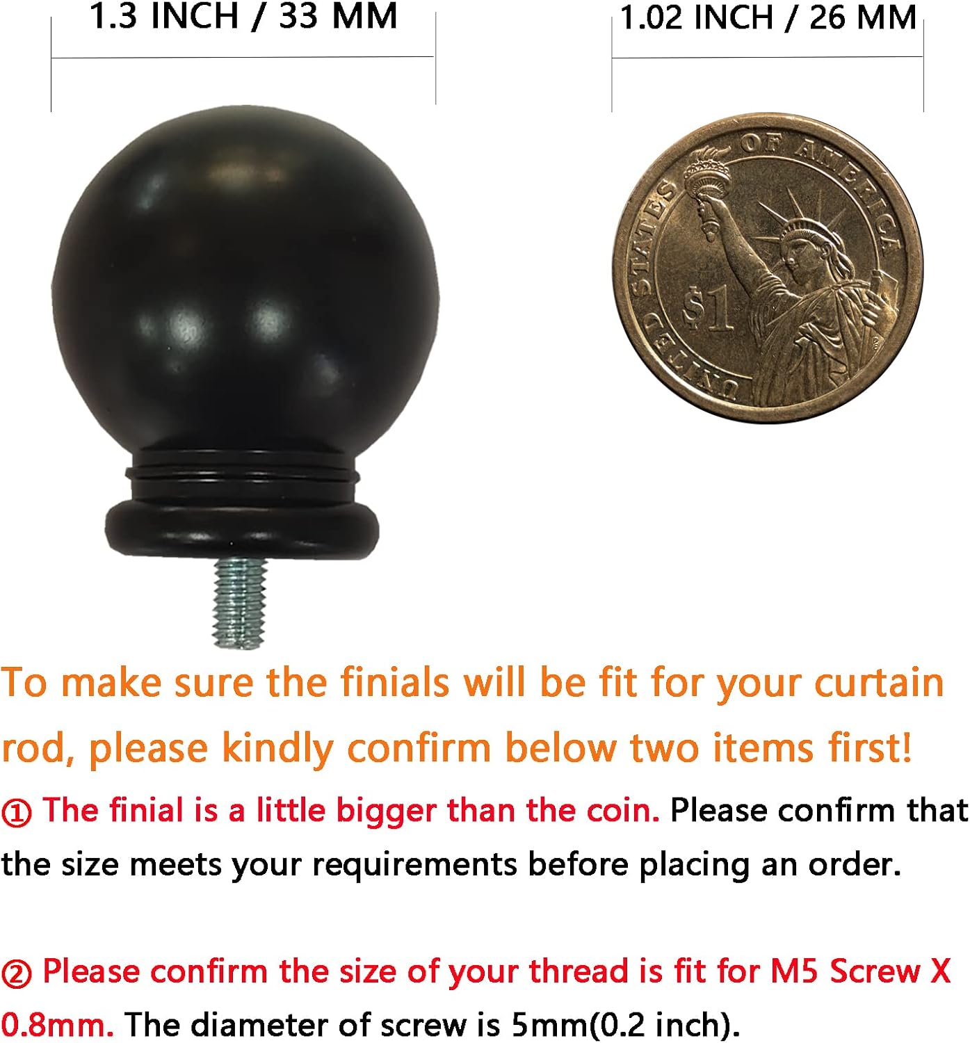 4 Pcs Plastic Curtain Rod Finials with M5 Thread 1