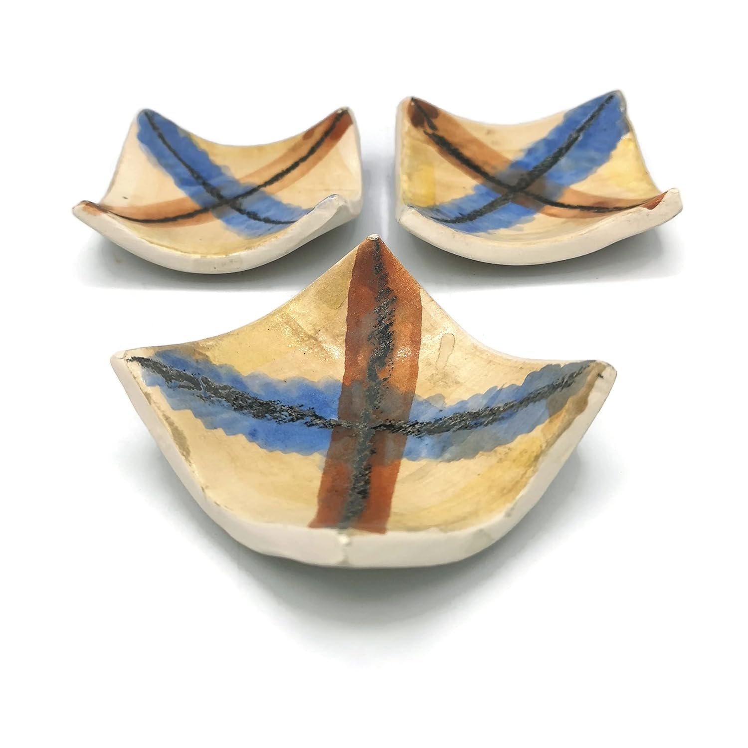 Set of 3 Small Square Hand Painted Ceramic Candle Holders