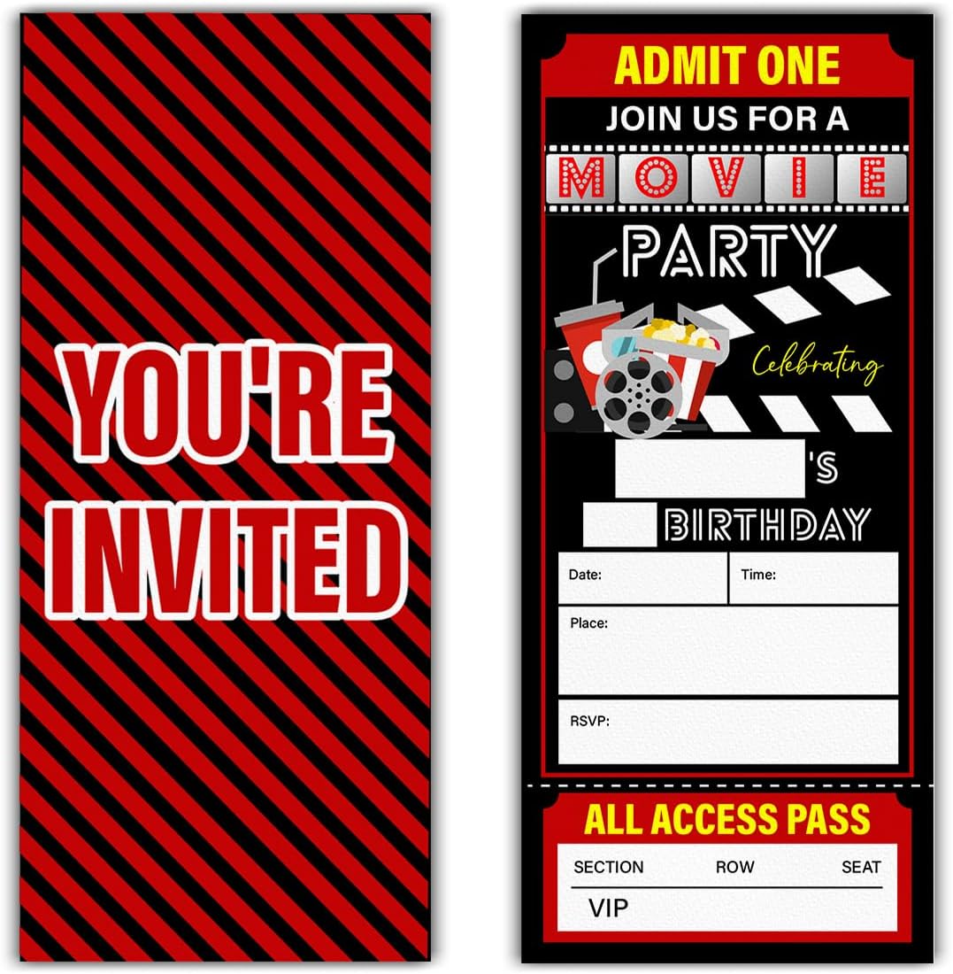 Movie Night Ticket Party Invitations Set of 20 with Envelopes