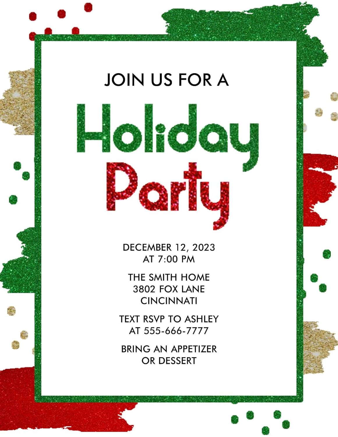 Personalized Christmas Party Invitation Glitter Paint Splatters