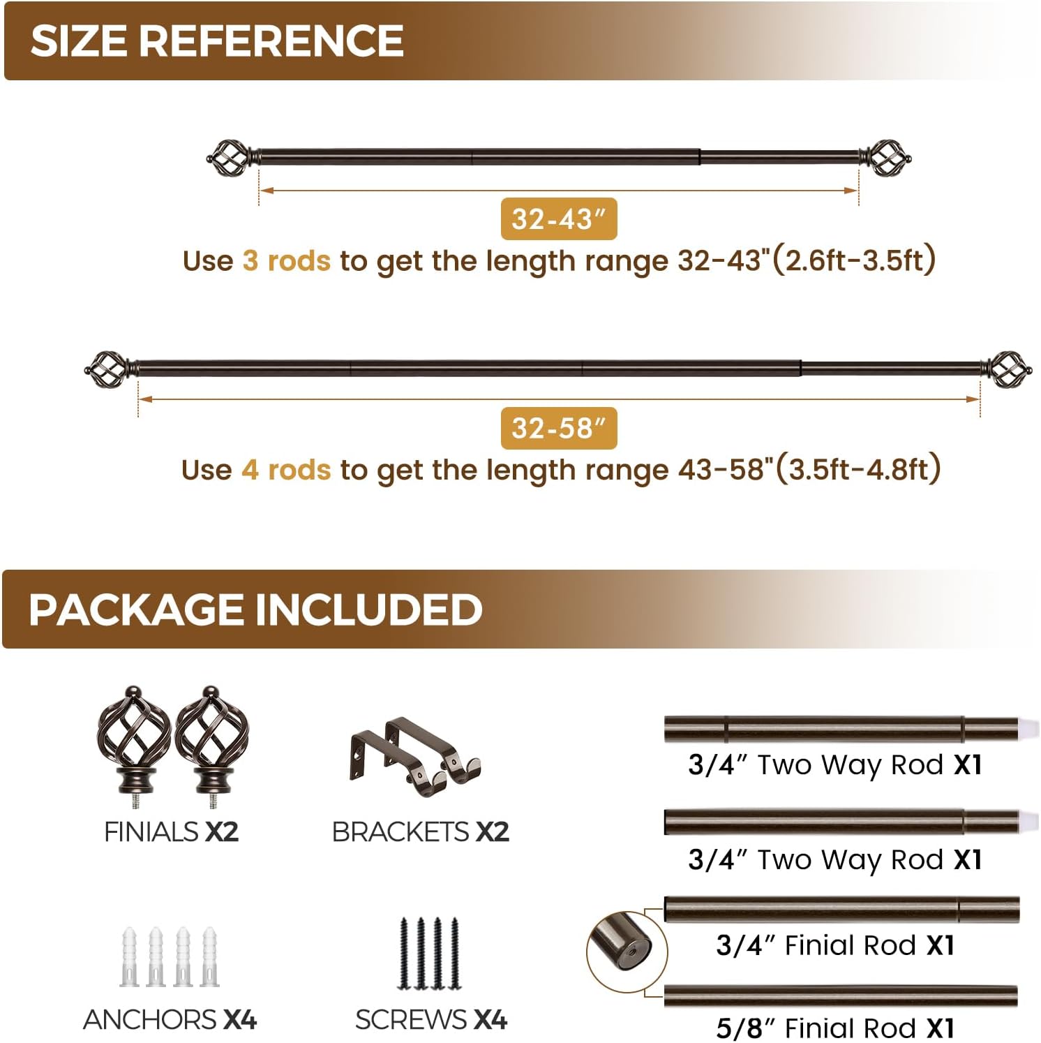 KAMANINA Bronze Curtain Rod 32-58 Inch Adjustable Single Rod