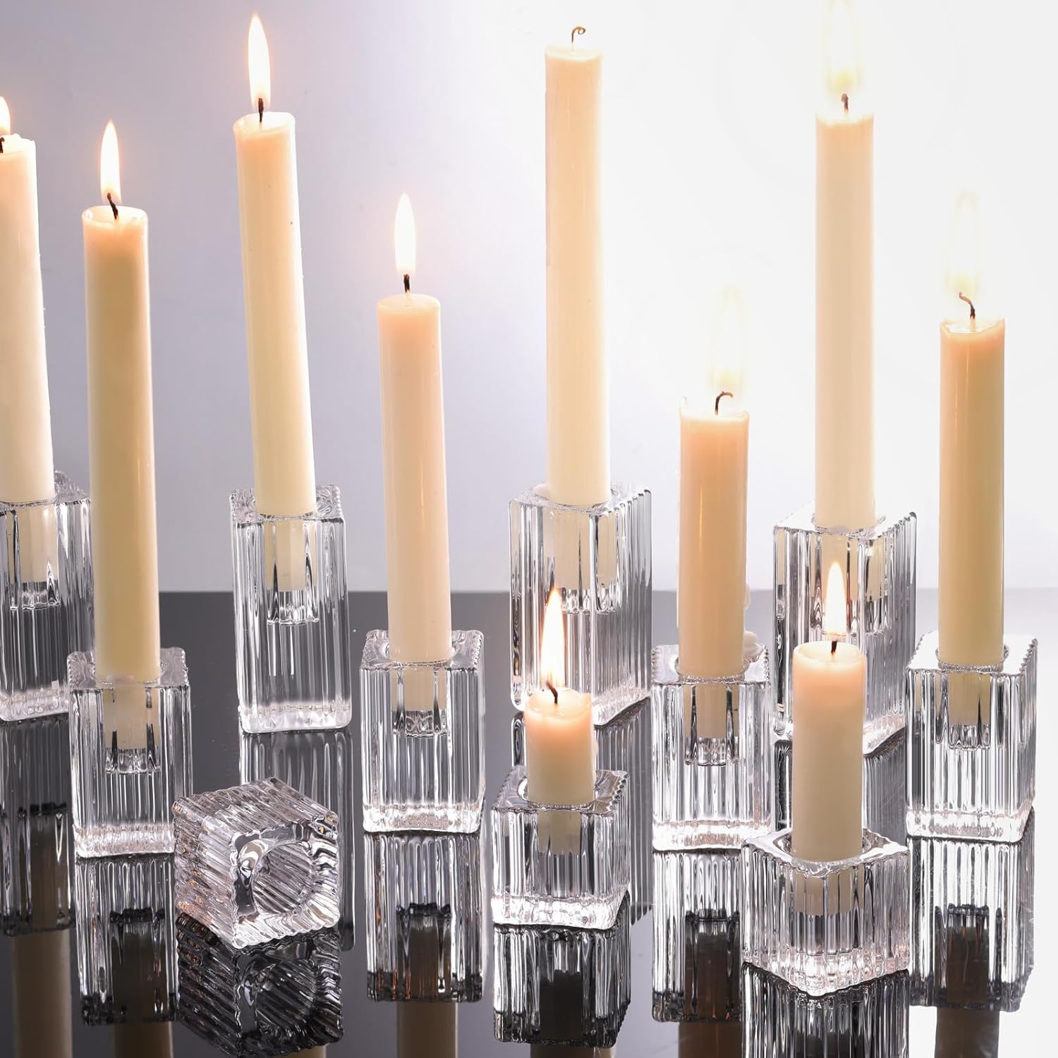 LETINE 12pcs Vertical Stripe Glass Candlestick Holders