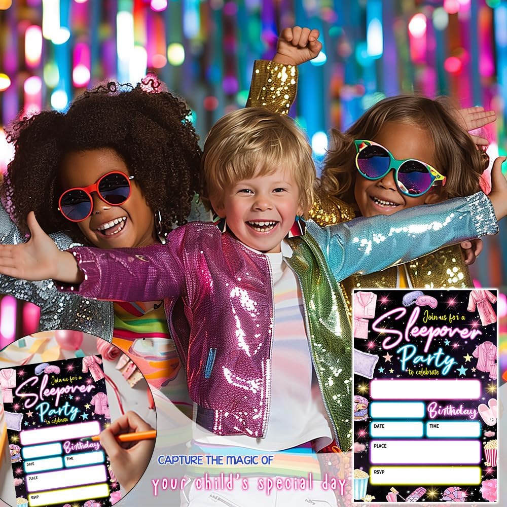 Neon Themed Sleepover Party Invitations with Envelopes