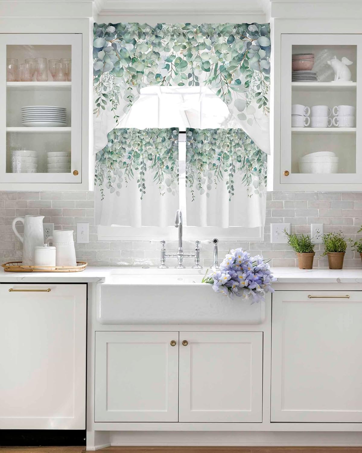 Sage Green Eucalyptus Leaf Curtain Set with Valance and Tiers