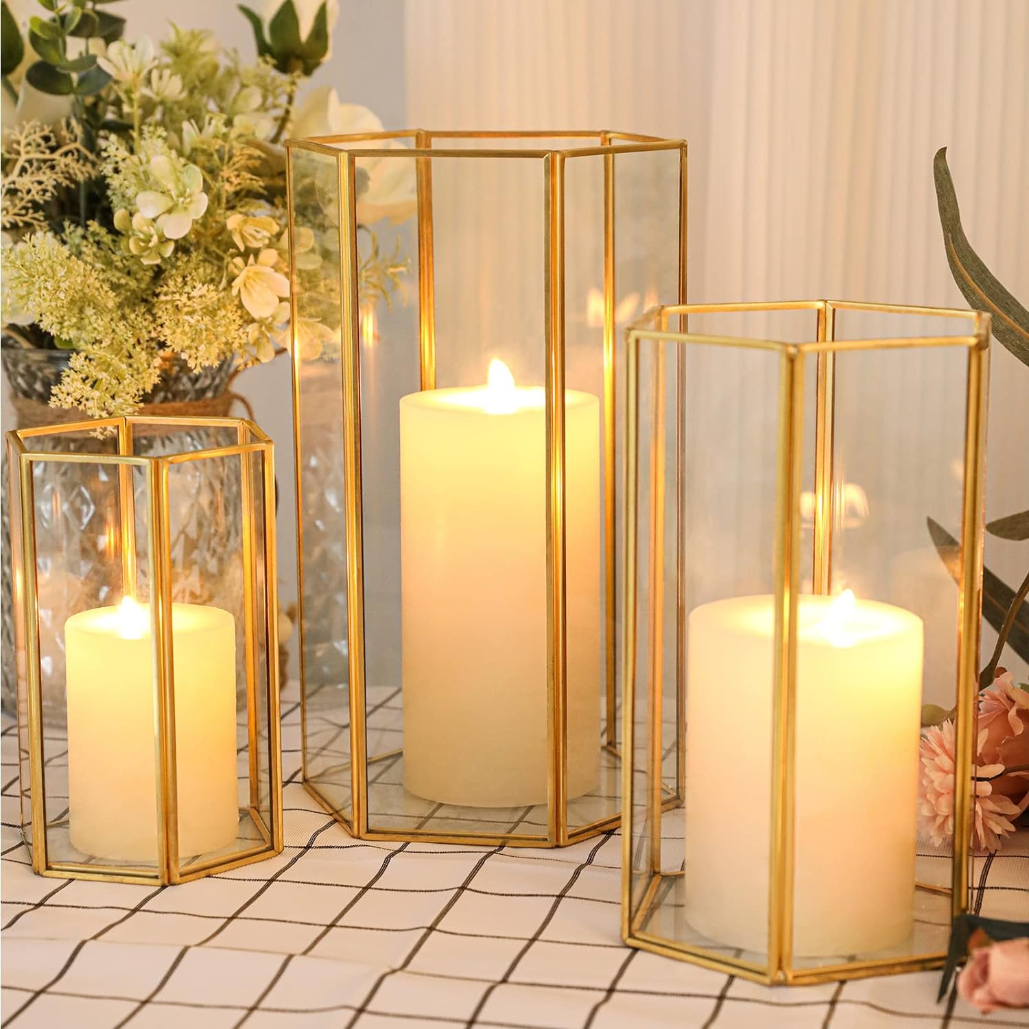 Glass Hurricane Candle Holder Set of 3 with Gold Frame