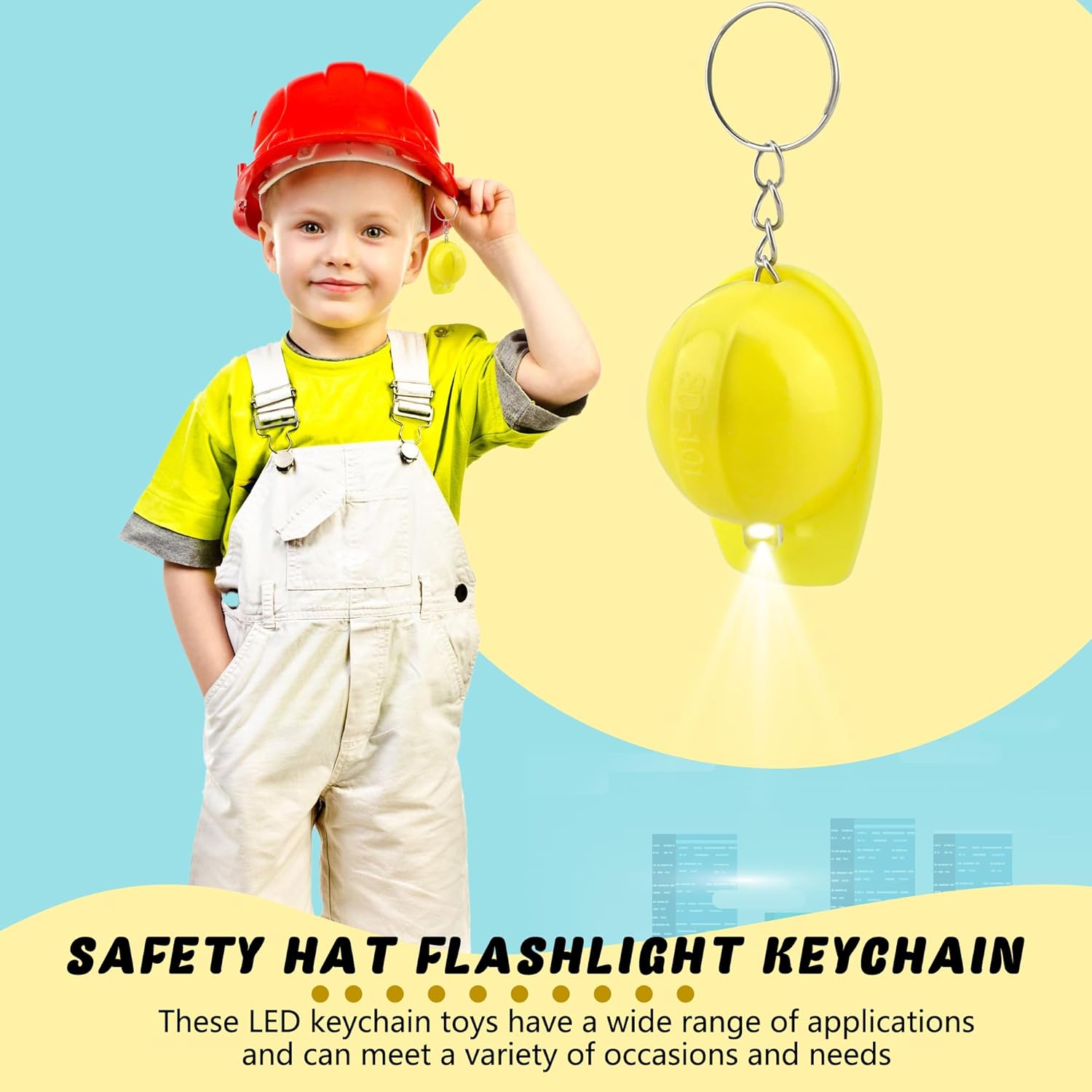 72 Pcs Mini Construction Helmet Keychains with LED Light