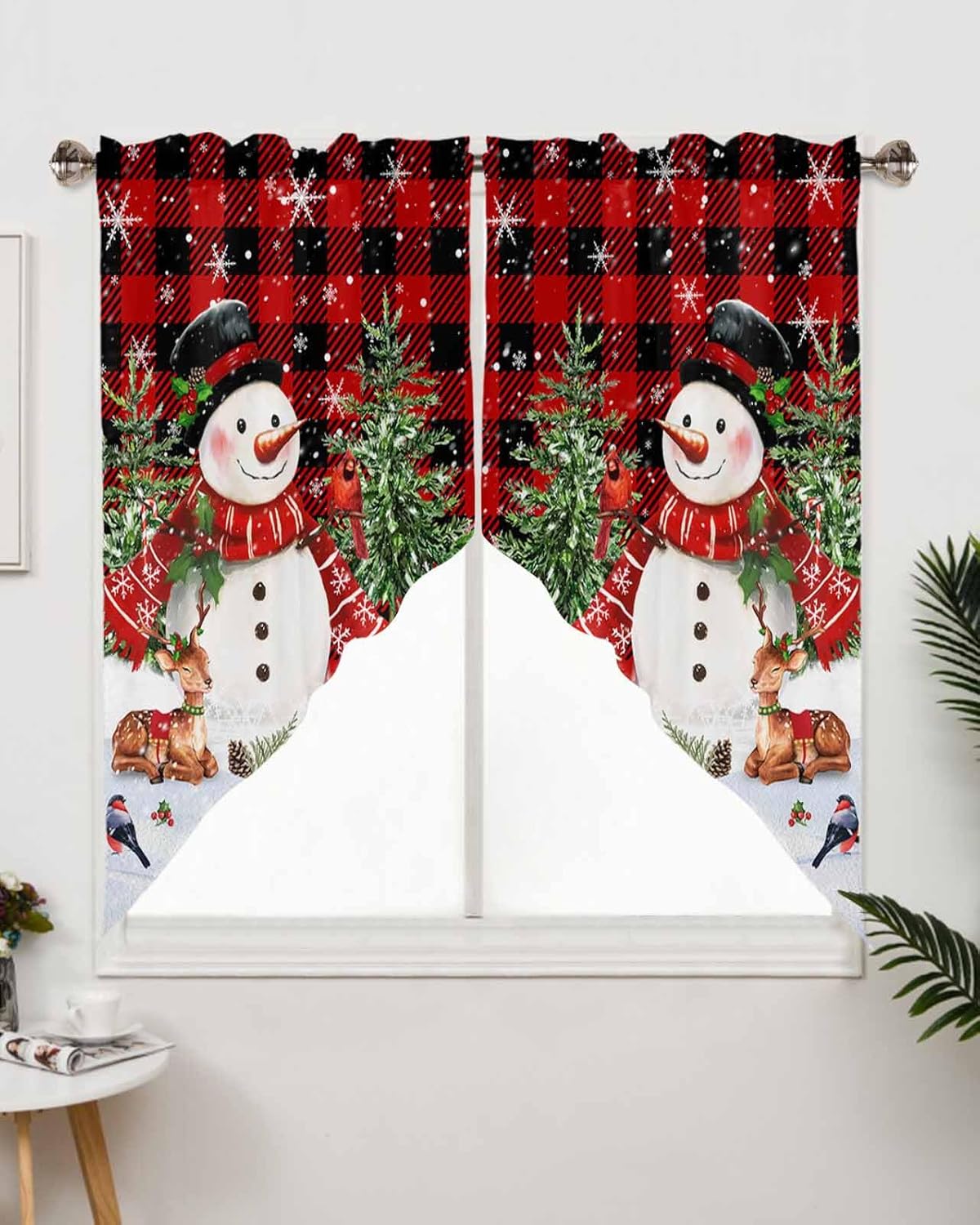 Christmas Swag Curtains Set 2 Panels 36x36 Red Black Buffalo Plaid Valance