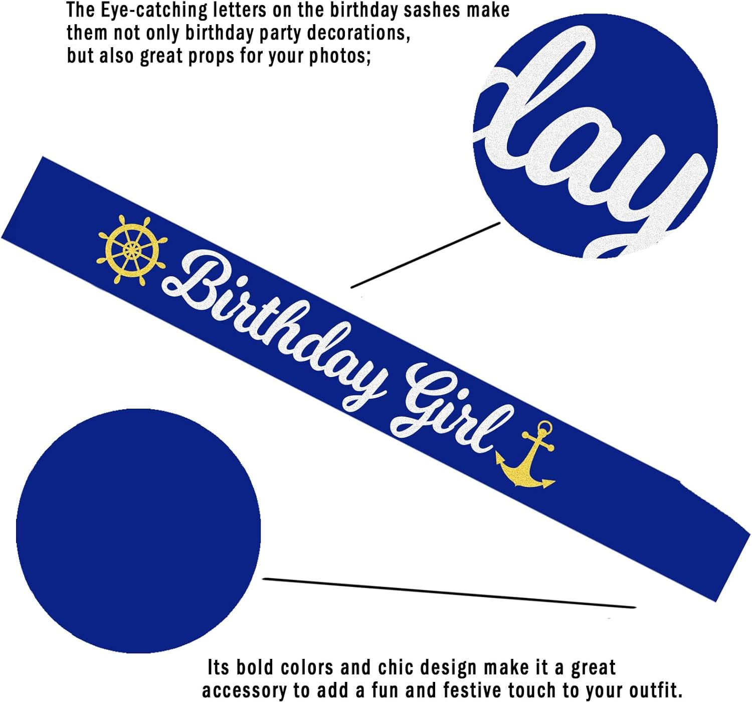 Nautical Birthday Girl Sash with Glitter Text