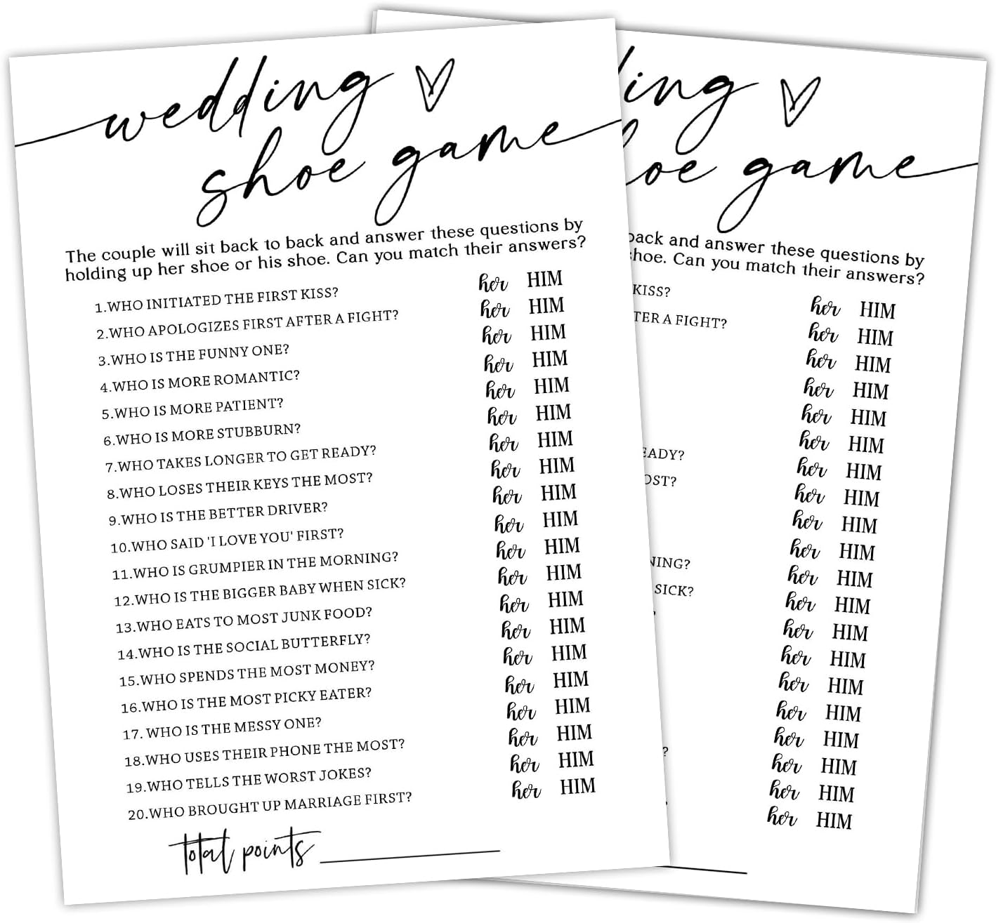 Wedding Shoe Game Cards - 30 Unique Game Cards