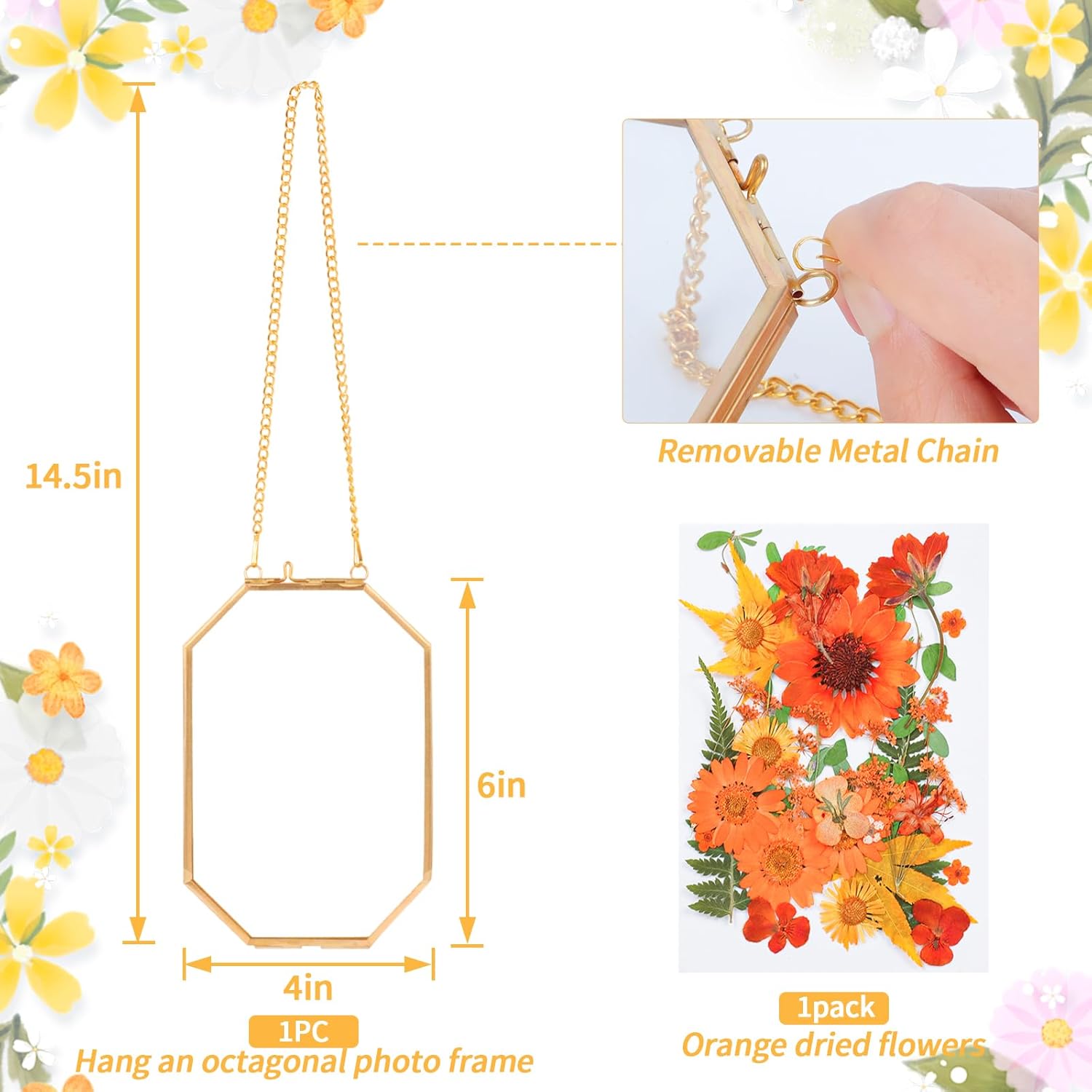 Hanging Pressed Flower Frame with Gold Brass Frame and Orange Dried Flowers