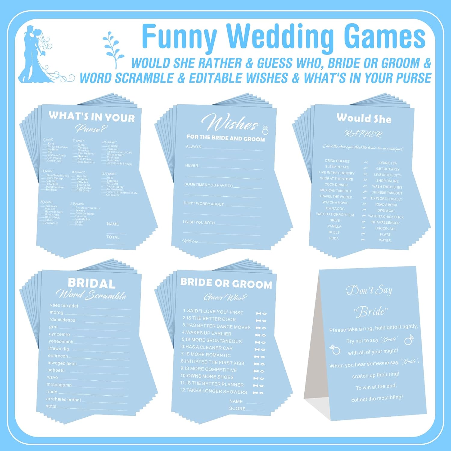 Light Blue Bridal Shower Game Set for 50 Guests