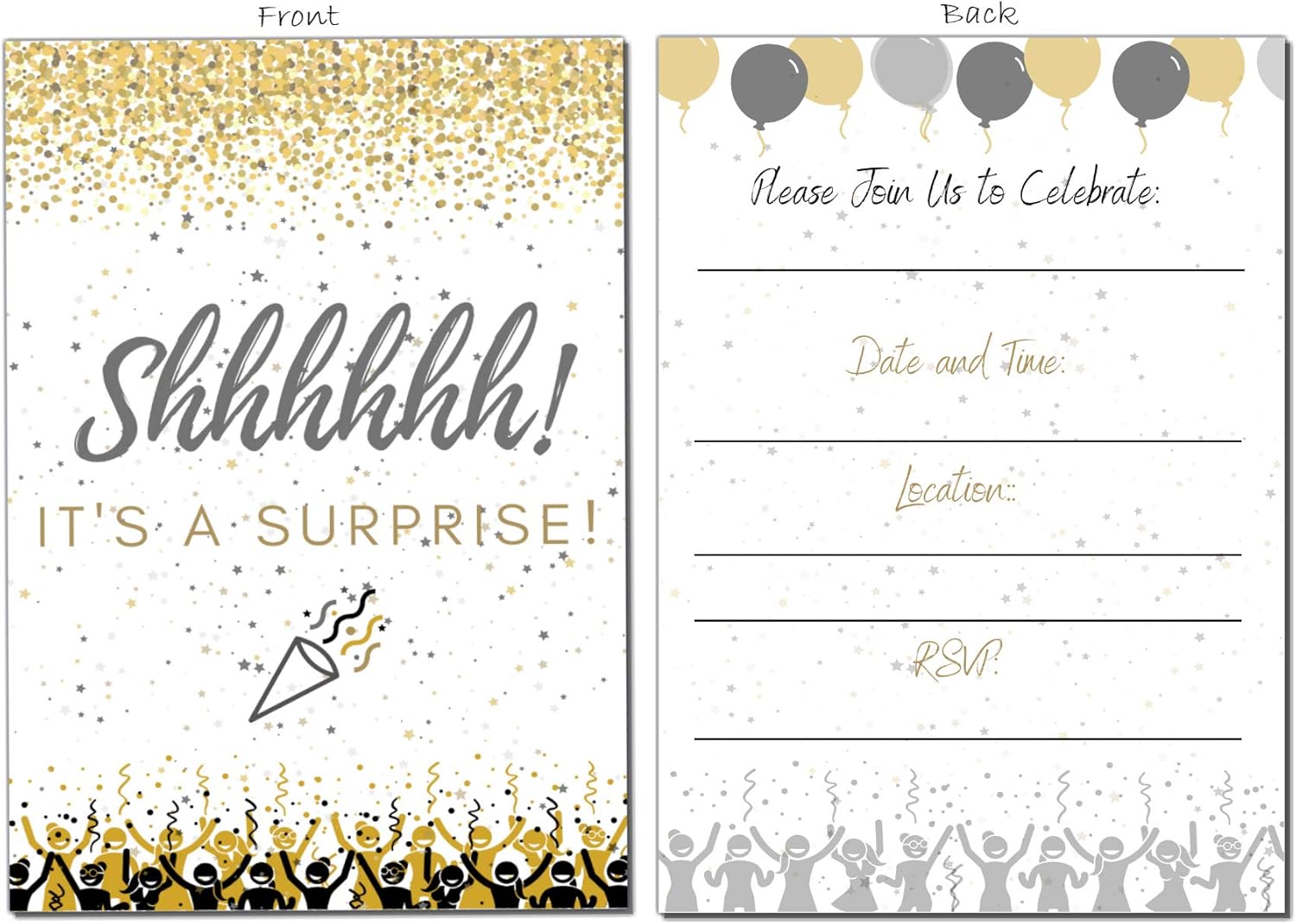 Elcer Surprise Party Invitations Black Gold 20 Count