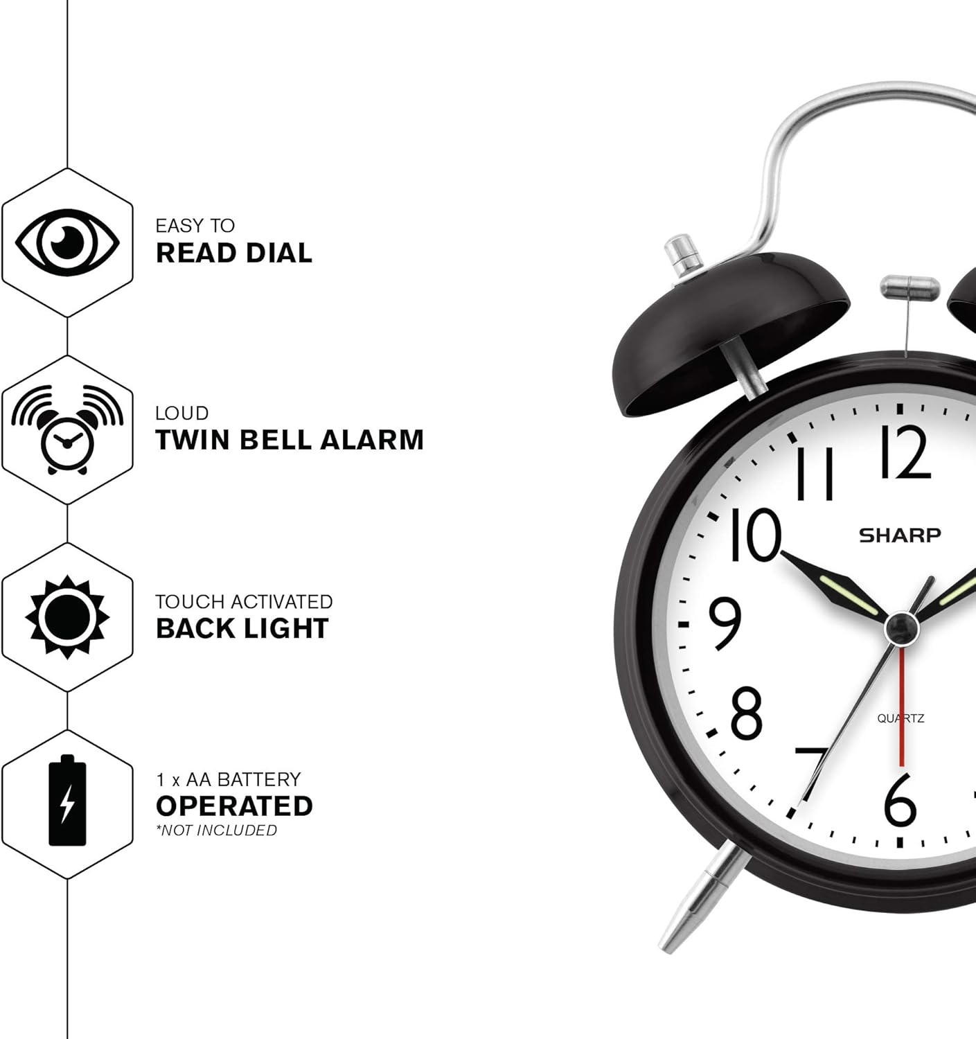 Sharp Twin Bell Alarm Clock - Loud Alarm - Battery Operated