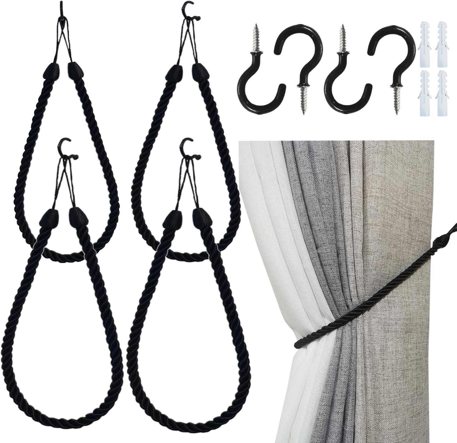 Curtain Tiebacks Ropes 4 Pack Metal Hooks Indoor Outdoor Use